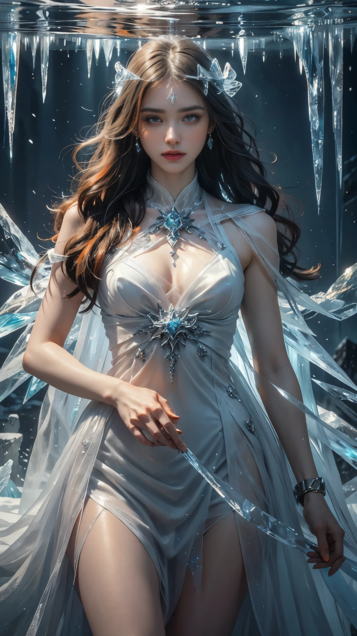 a beautiful ice goddess, good face, happy face, very long hair, realistic eyes, small breasts, ice magician, ice elemental, intricate design and details, chilling mist, cold, blizzard storm, conjuring ice spell, casting ice spell, detailed dress, (orange dress:1.5), realistic ice effect, ((ice:1.5)), snow particles, dark fantasy art style, ruined city, dramatic lighting, cinematic,