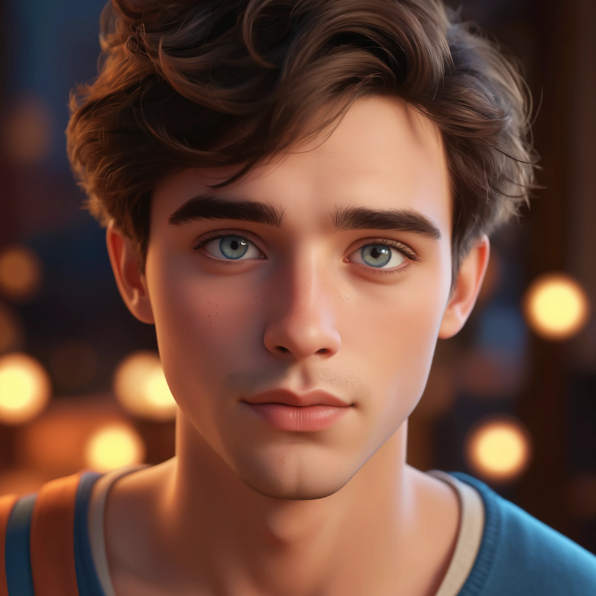 a young handsome man, cartoon avatar, pixar style, beautiful detailed eyes, beautiful detailed lips, extremely detailed face, 8k, highres, masterpiece, vibrant colors, soft lighting, cinematic composition, dynamic pose, whimsical, playful, charming, endearing