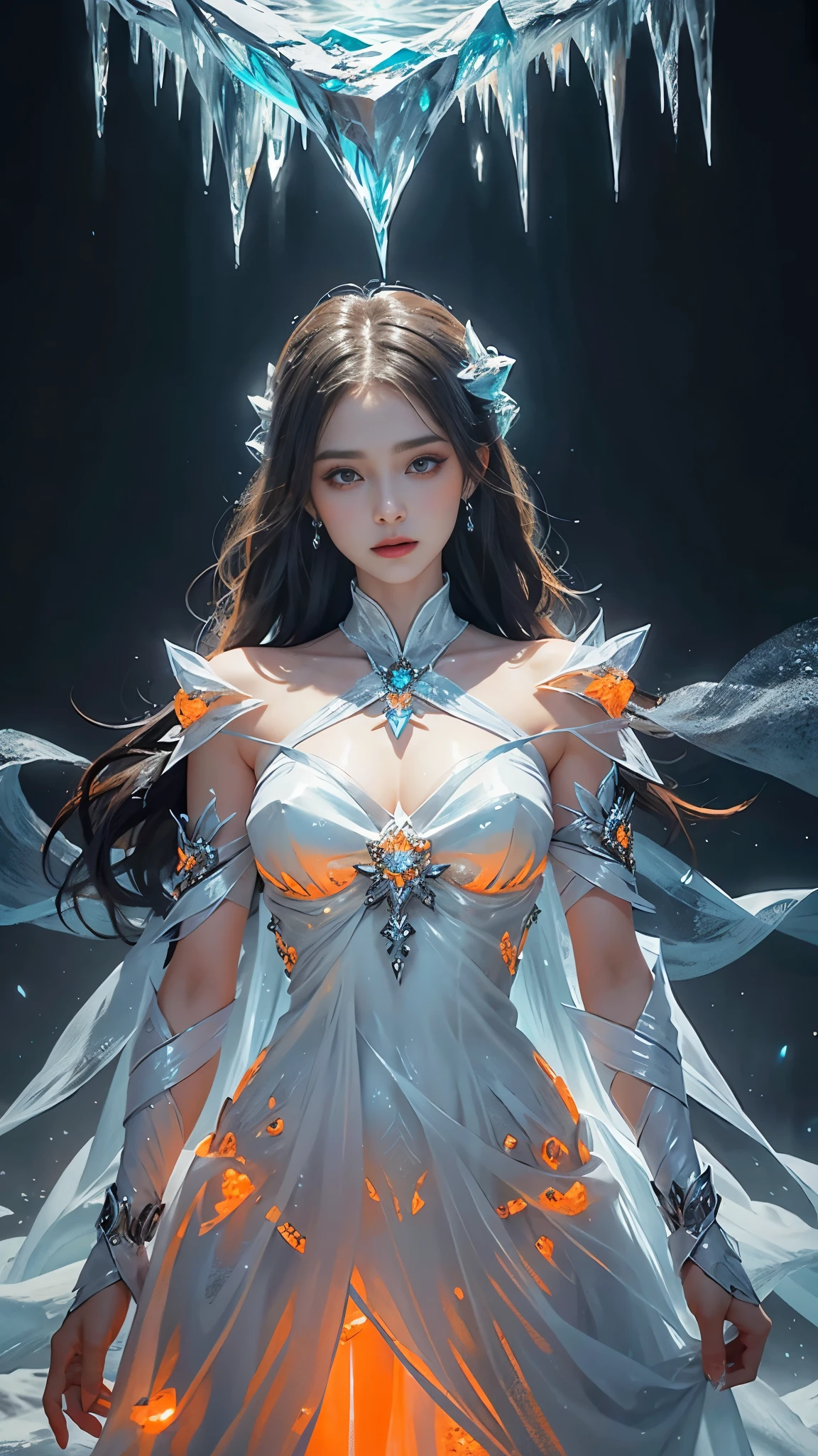 goddess、big bust、Stand gracefully、(The most luxurious ice palace background:1.4)、(Mysterious Fairy Tale Sky Blue Fog:1.15)、The background is a well-designed ice palace.、Beautiful ice ceiling、(Intricately crafted palace interior background, Sparkling transparent ice)、The most complicated、The most luxurious decoration、(lots of jewelry:1.1)、最もcomplex detailed background、(snowfall:1.1)、sparkling eyes、(Tyndall effect:1.1)、eyes that sparkle softly、colorful lights、perfect makeup、long eyelashes、Beautiful eyeshadow、(precisely anatomy:1.1)、natural forehead、complex detailed background、The most subtle sparkle、Deep Background、low contrast、Surrounded by soft lighting、(body facing forward:1.1)