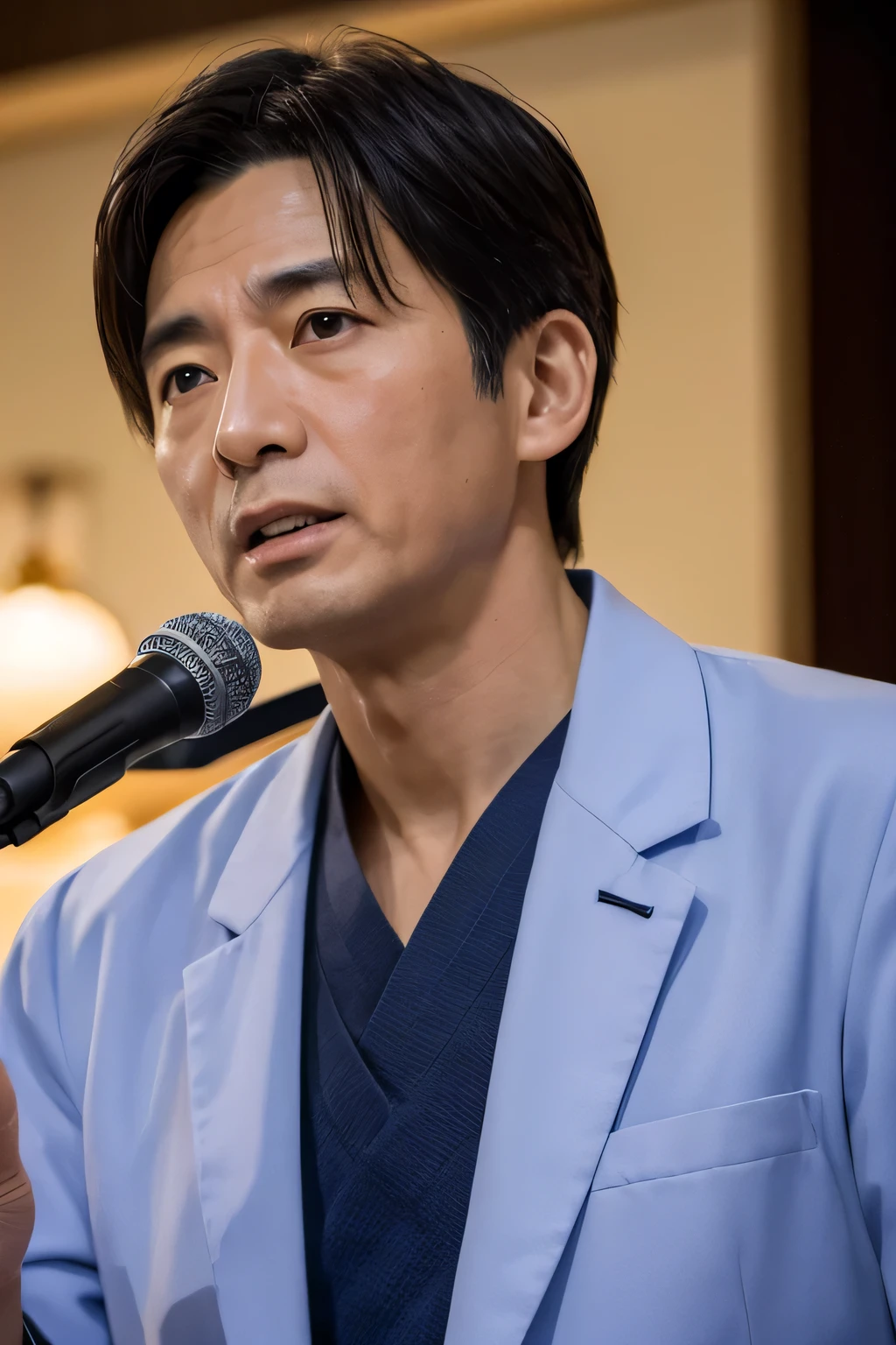 (masterpiece, High resolution,highest quality: 1.2), High Detail,Japanese,male,doctor,Holding a microphone,40 years old