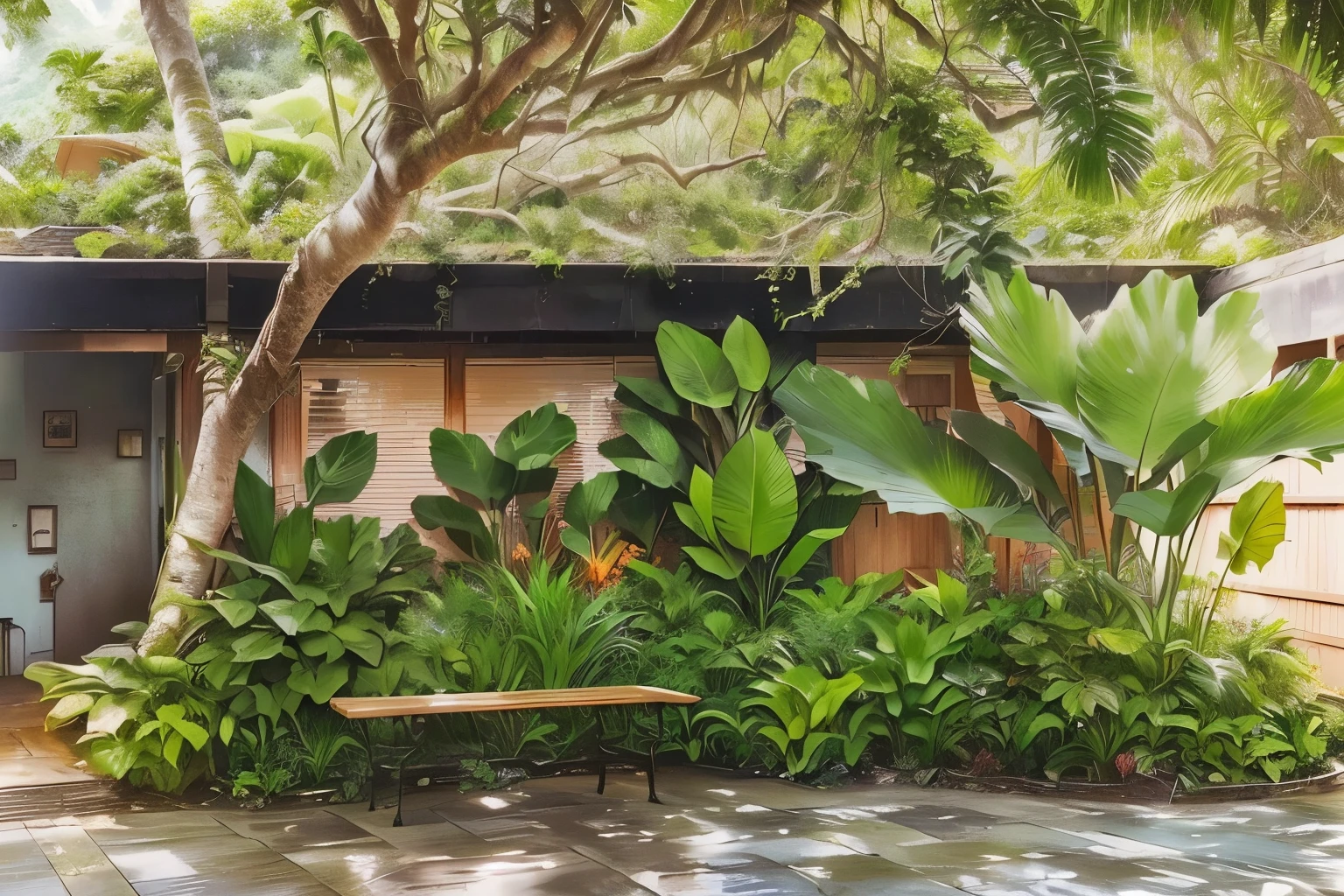 a view of a bench in a garden with a lot of plants, lush garden surroundings, jungle setting, vibrant greenery outside, large plants in the background, dense with greenery, lush chic garden, lush landscaping, tropical setting, plants and patio, lush verdant plants, lush surroundings, lush garden in the background, plants and jungle, in a jungle environment