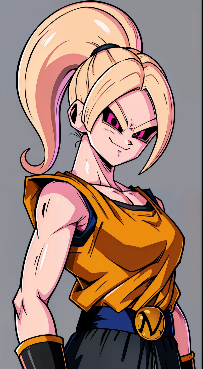 (high-quality, breathtaking),(expressive eyes, perfect face) Symmetrical Eyes, portrait, dragon ball z xenoverse 2, 1girl, female, alien, Majin Race, FMajin, Female Majin Buu, (pink skin:1.1), bubblegum pink skin color, red colored skin, smiling,(black sclera:1.2), red eyes, tentacle hair, black baggypants, belt, alien, M, shoulder holes, standing, no nose, grey background, medium length hair, wavy hair, hair between eyes, shortsleeved, DBZ TurtleSchoolUniform, orange douji
