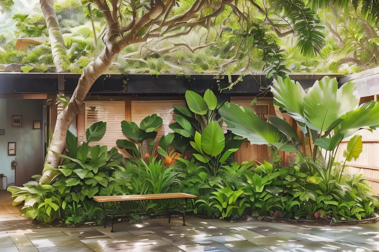 a view of a bench in a garden with a lot of plants, lush garden surroundings, jungle setting, vibrant greenery outside, large plants in the background, dense with greenery, lush chic garden, lush landscaping, tropical setting, plants and patio, lush verdant plants, lush surroundings, lush garden in the background, plants and jungle, in a jungle environment