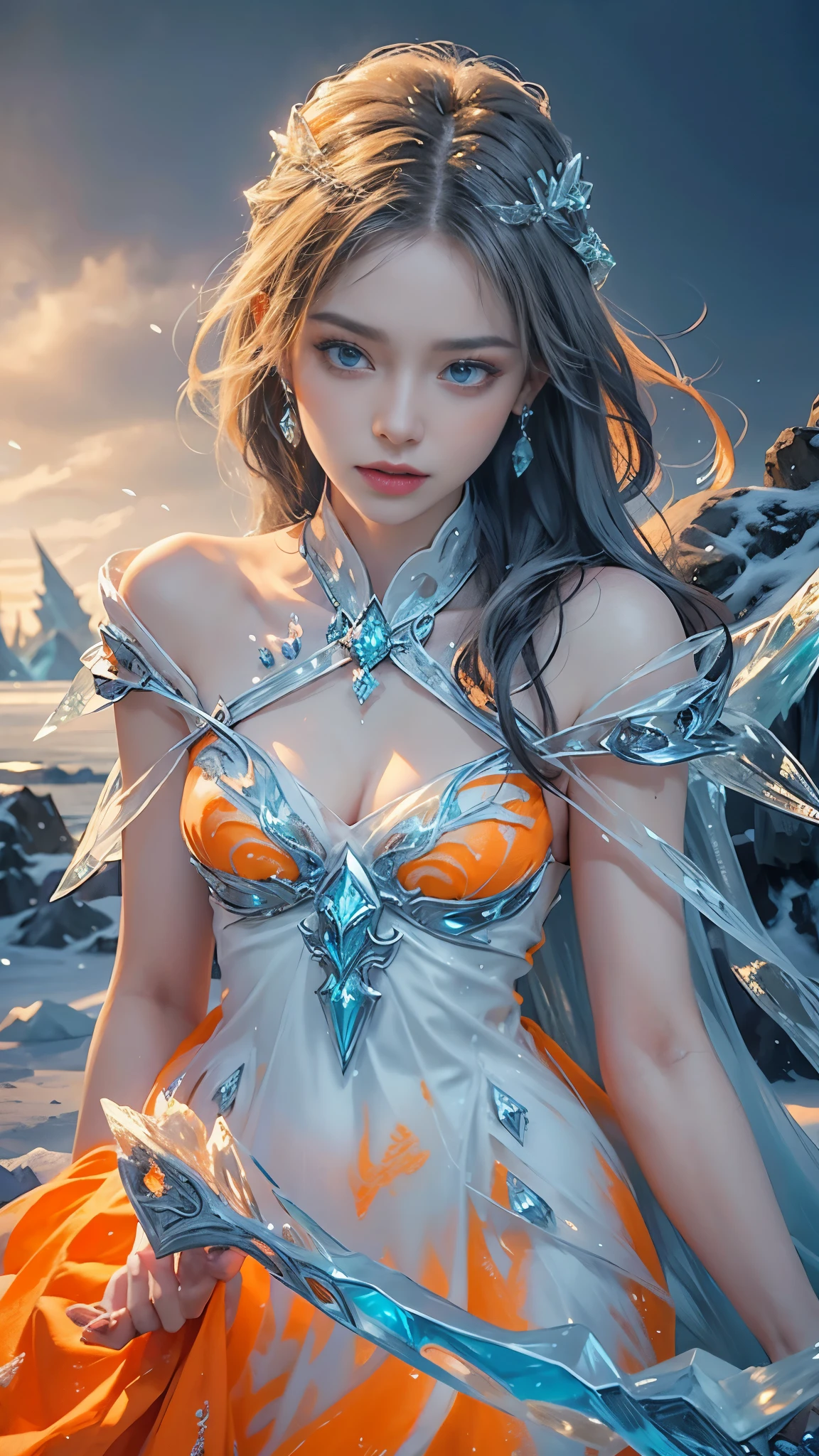 a beautiful ice goddess, good face, happy face, very long hair, realistic eyes, small breasts, ice magician, ice elemental, intricate design and details, chilling mist, cold, blizzard storm, conjuring ice spell, casting ice spell, detailed dress, (orange dress:1.5), realistic ice effect, ((ice:1.5)), snow particles, dark fantasy art style, ruined city, dramatic lighting, cinematic,