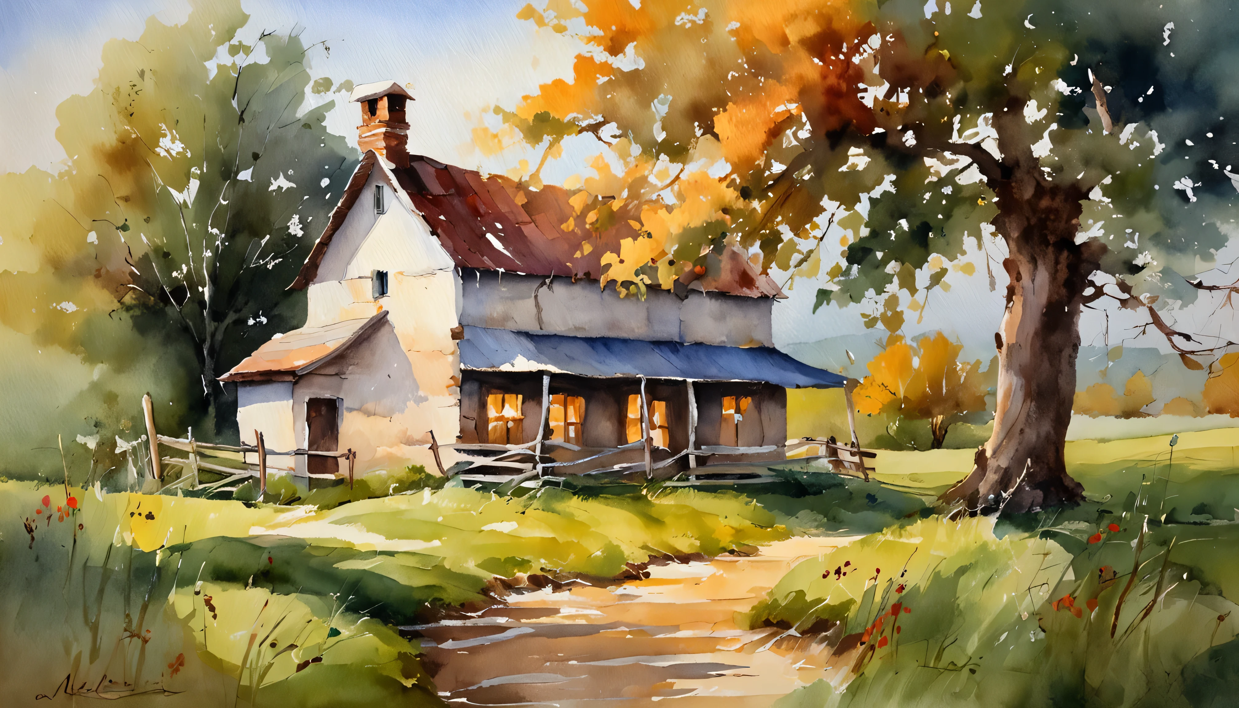 Farmhouse under a big tree by the stream, Sunset,  Oil painting, Classic style, Rich colors, Brush Strokes, Vibrant textures, Expressive portrait, Dynamic composition, Capture light and shadow, Artistry, Timeless beauty.