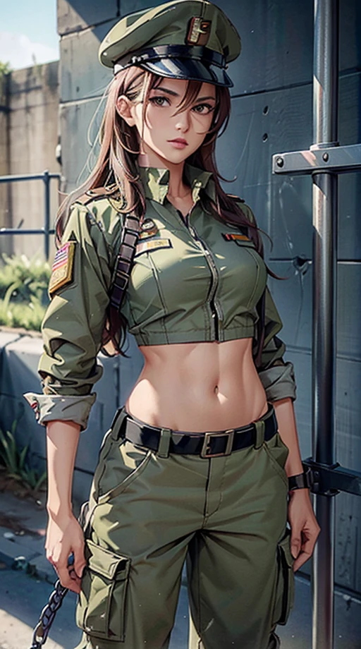 
Women in crop top soldier uniform, soldier hat, medal on the chest,  exposed abdomen area, very low waist cargo pants, navel, 45 years-old, high ranking , standing, color , hight quality, 4k, in cell, in prison, behind prison bar,