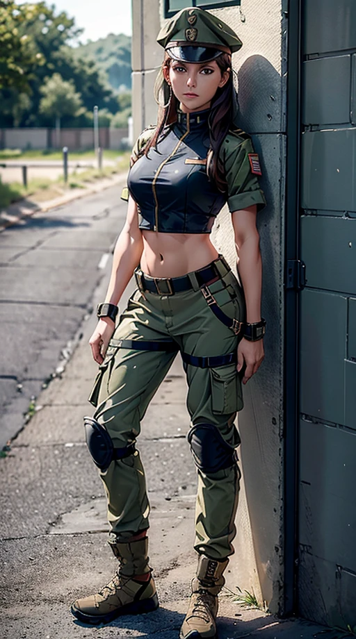 
Women in crop top soldier uniform, soldier hat, medal on the chest,  exposed abdomen area, very low waist cargo pants, navel, 45 years-old, high ranking , standing, color , hight quality, 4k, in cell, in prison, behind prison bar,