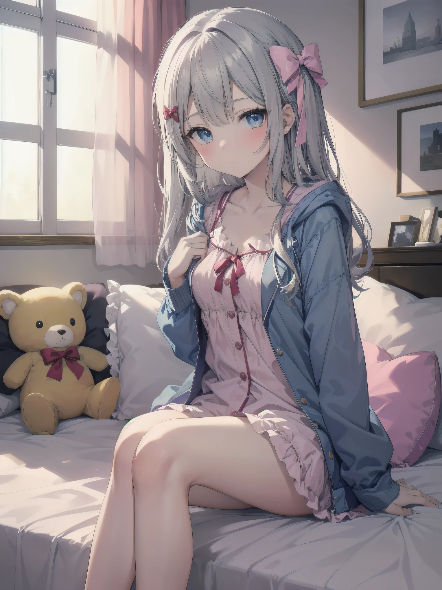 1girl, solo, long hair, looking at viewer, blush, bangs, blue eyes, long sleeves, bow, sitting, closed mouth, collarbone, jacket, hair bow, grey hair, thighs, frills, open clothes, indoors, hood, legs, book, bare legs, window, bed, on bed, stuffed toy, pink bow, blue jacket, pajamas, slippers, bedroom, izumi sagiri