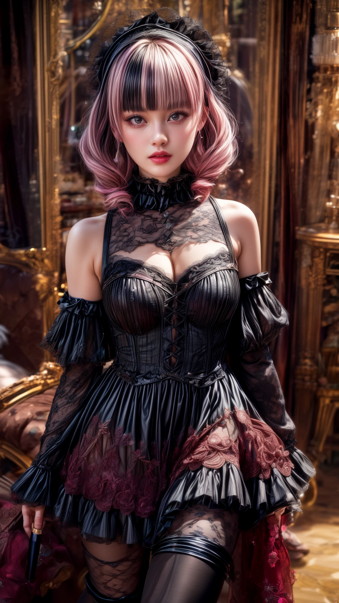 Mature Woman、Pink Hair、Black Hair、((Two-tone hair))、(Detailed face)、((ta dress with delicate pink decoration))、Slender women、Cute Woman、 8K Ultra HD, Delicate texture, Long Hair、(((blunt bangs)))、(((Drill Hair)))、Lace thigh-high tights、short boots、((Goth))、tutu mini skirt、A room in a Western-style building、((Delicate photo)),(Girl Astepeace RAW Photo Details:1.25), (highest quality:1.6), (超A high resolution:1.5), (Realistic:1.75), 8K resolution, Canon EOS R5, 50mm, Absurd, Ultra-detailed,Cinema Lighting、