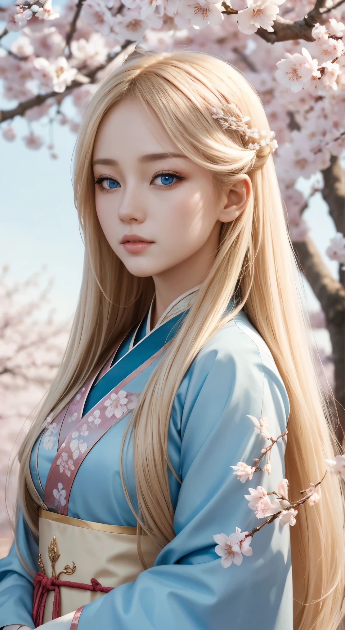 fantasy, portrait, Asia, European appearance, beautiful girl, delicate face, long pale blonde hair, blue eyes, in a beautiful hanfu, emphasizing the figure in light colors, expressive breasts, cherry blossoms in the background, hd