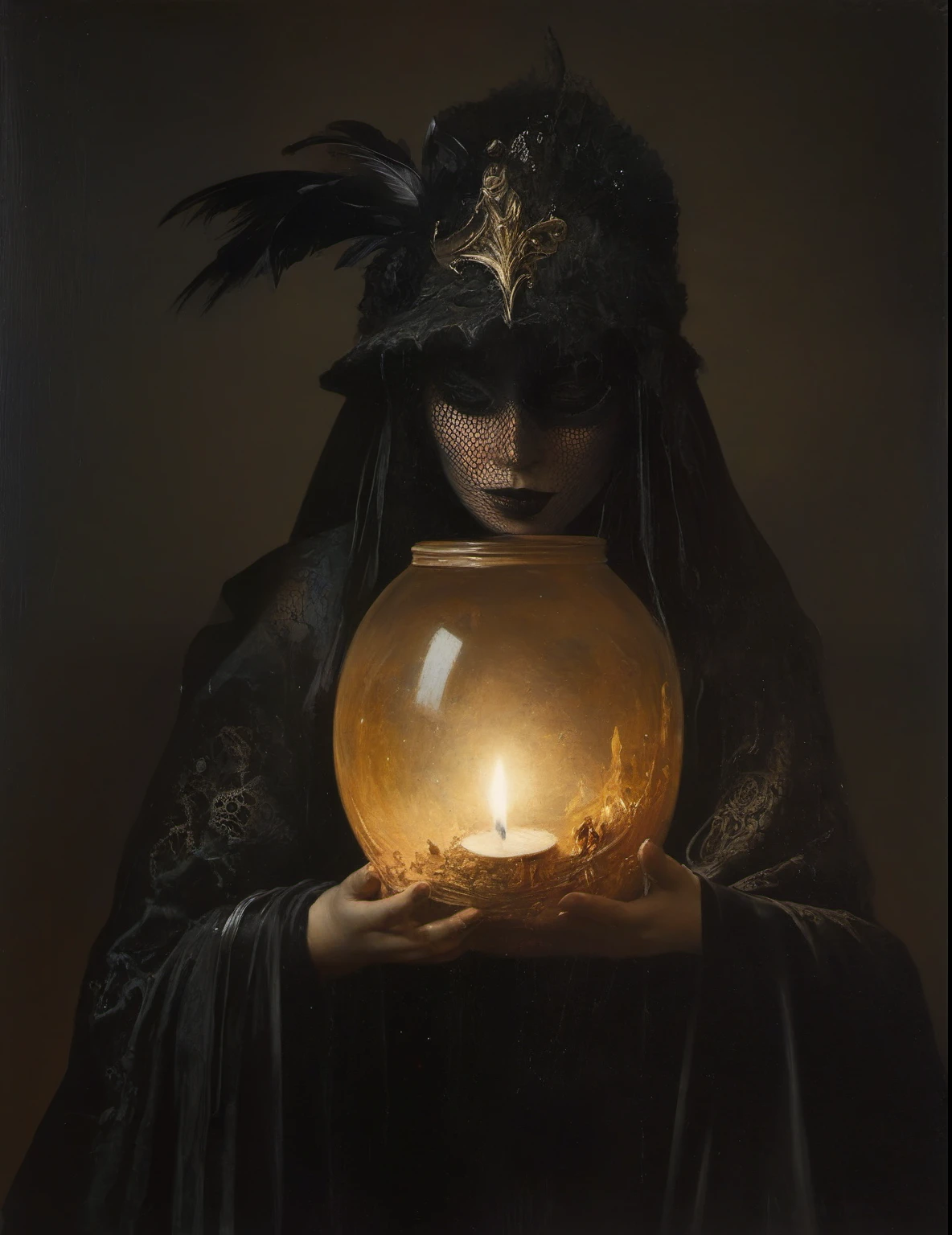 James Gurney, Surrealist art , dream-like, Mysterious, Provocative, symbolic, Complex, detailed,, (Gothic but very beautiful:1.4), (masterpiece, highest quality:1.4) , Nicola Samori Style, masquerade