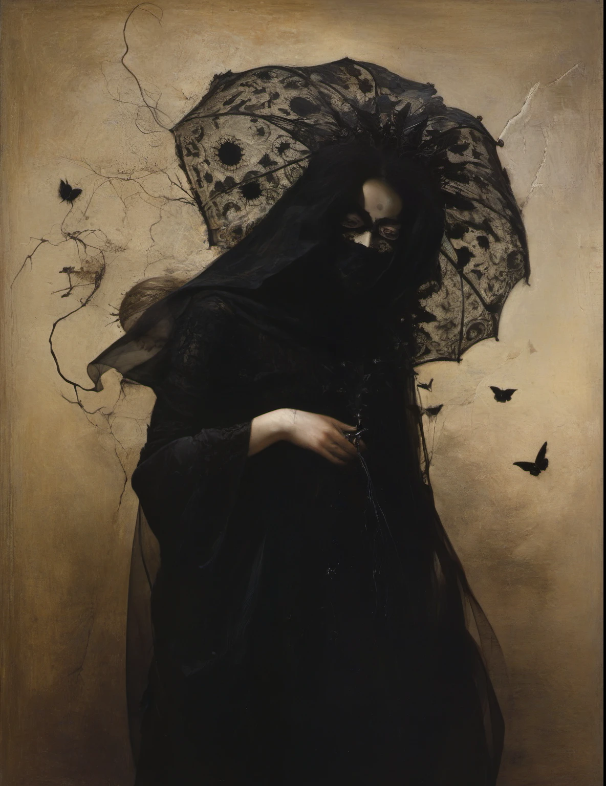 James Gurney, Surrealist art , dream-like, Mysterious, Provocative, symbolic, Complex, detailed,, (Gothic but very beautiful:1.4), (masterpiece, highest quality:1.4) , Nicola Samori Style, masquerade