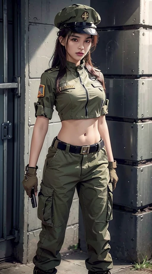 Women in crop top soldier uniform, soldier hat, medal on the chest, exposed abdomen area, very low waist cargo pants, navel, 45 years-old, high ranking , standing, color , hight quality, 4k, in cell, in prison, behind prison bar,