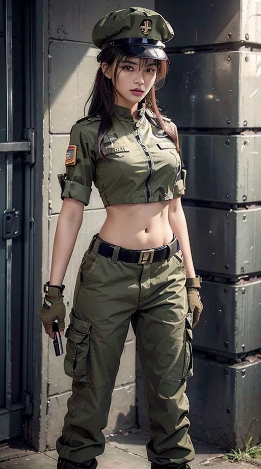 Women in crop top soldier uniform, soldier hat, medal on the chest, exposed abdomen area, very low waist cargo pants, navel, 45 years-old, high ranking , standing, color , hight quality, 4k, in cell, in prison, behind prison bar,