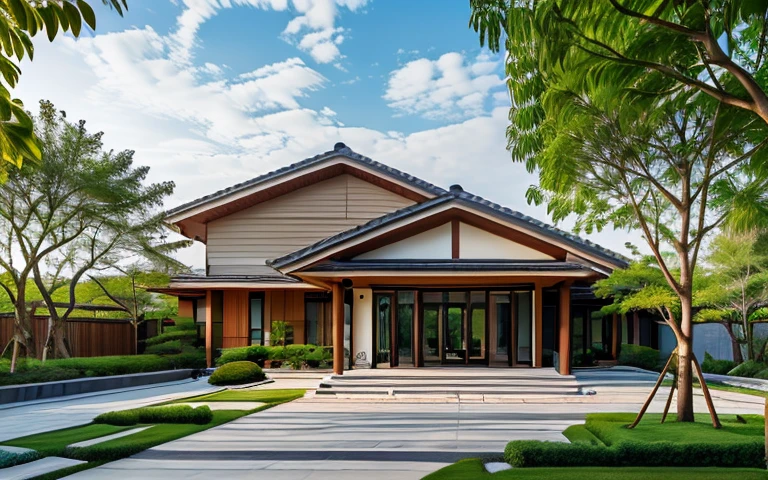 Architectural style, ((Japanese Style House)), (masterpiece), ((best quality)), 3ArchiAI_countryvilla, Exterior of house, scenery, real world location, dramatic lighting, high quality outdoors, tree, cloud, morning sunlight, blue sky, high resolution, super realistic, Photorealistic, highly detailed