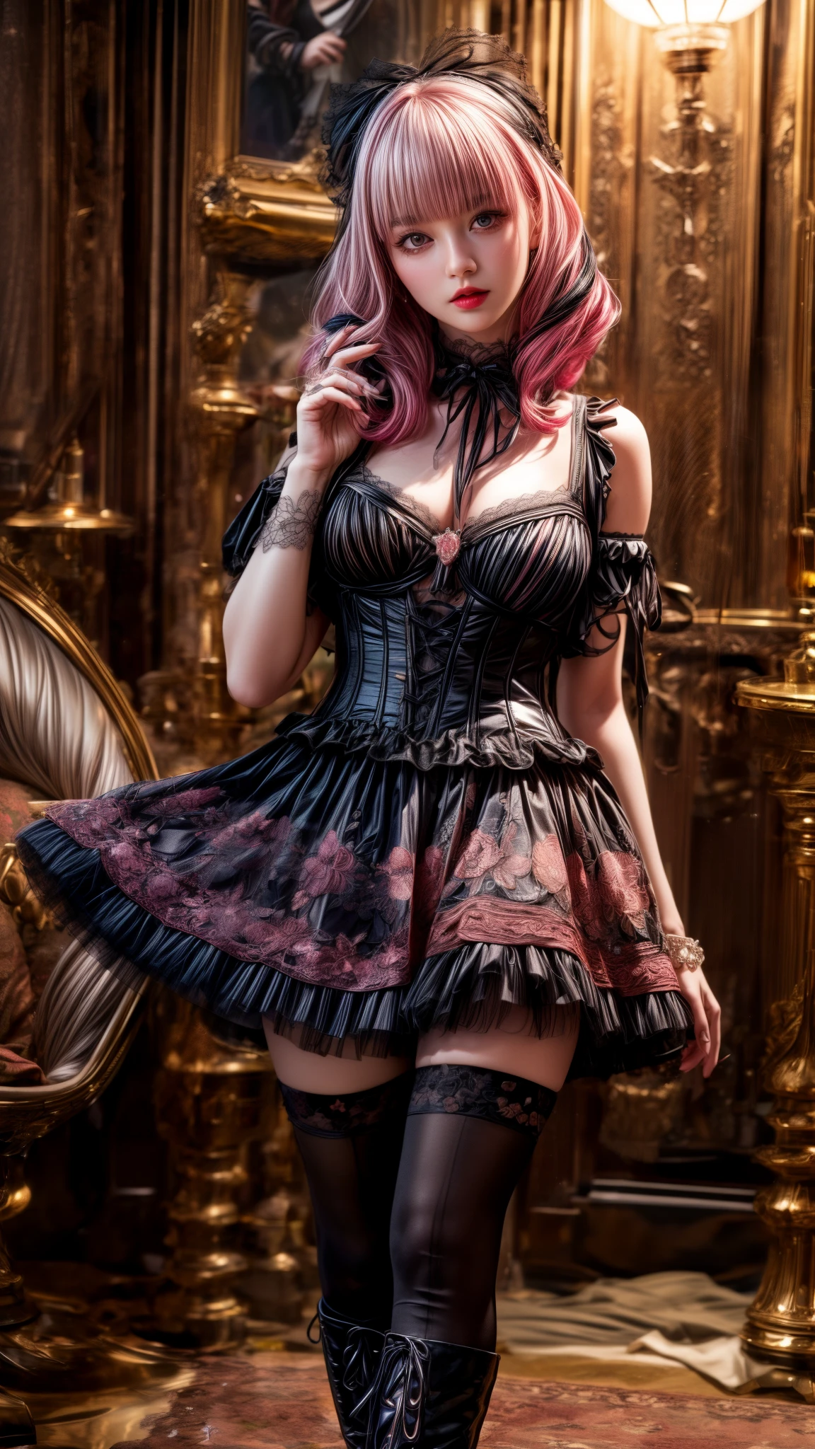 Mature Woman、Pink Hair、Black Hair、((Two-tone hair))、(Detailed face)、((Lolita dress with delicate pink decoration))、Slender women、Cute Woman、 8K Ultra HD, Delicate texture, Long Hair、(((blunt bangs)))、(((Drill Hair)))、Lace thigh-high tights、short boots、((Goth))、tutu mini skirt、A room in a Western-style building、((Delicate photo)),(Girl Astepeace RAW Photo Details:1.25), (highest quality:1.6), (超A high resolution:1.5), (Realistic:1.75), 8K resolution, Canon EOS R5, 50mm, Absurd, Ultra-detailed,Cinema Lighting、