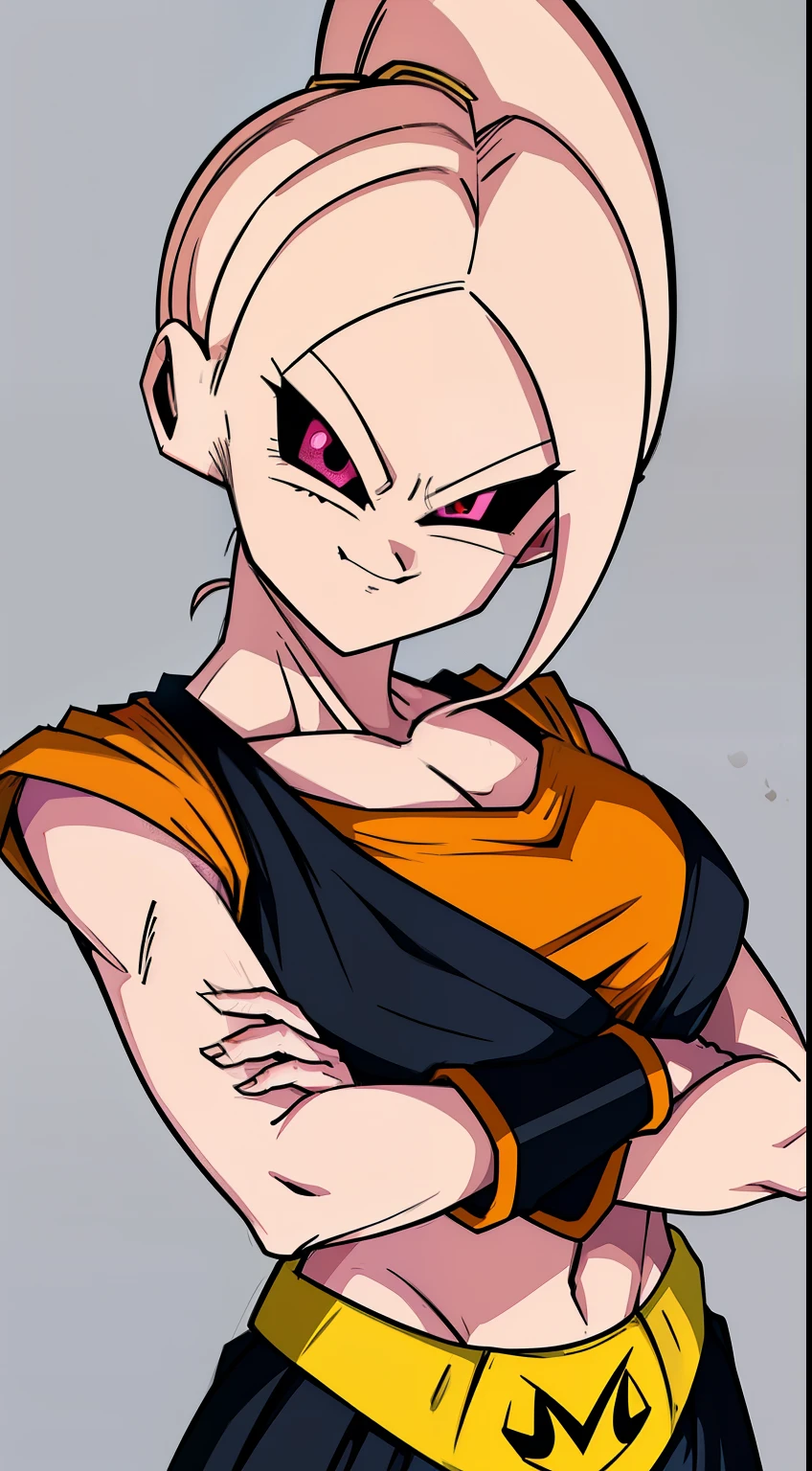 (high-quality, breathtaking),(expressive eyes, perfect face) Symmetrical Eyes, portrait, dragon ball z xenoverse 2, 1girl, female, alien, Majin Race, FMajin, Female Majin Buu, (pink skin:1.1), bubblegum pink skin color, red colored skin, smiling,(black sclera:1.2), red eyes, tentacle hair, black baggypants, belt, alien, M, shoulder holes, standing, no nose, grey background, short length hair, wavy hair, hair between eyes, shortsleeved, DBZ TurtleSchoolUniform, orange douji
