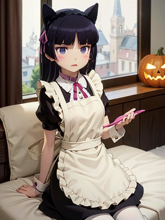 Ultra-high resolution, Attention to detail, (ruri gokou), 1 girl, Maid clothes, Cat ear, Black Tail, Anime Style, (apronスカート), Midi Skirt, stockings, apron, Frills, Headdress, ribbon, race, sense of cleanliness, cute, formal, grace, service, Demure, Cosplay, Knee-high socks, Pumpkin Pants, collar, cuffs, Traditional, Victorian, satin, Hospitality, 
