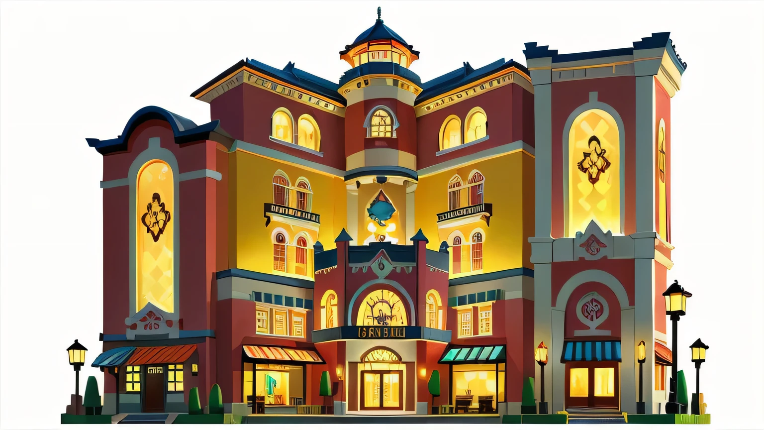 Illustration of a red building，There is a bell tower and a clock on the front., High-detail storage, Downtown Background, Shopping mall background, Background Art Deco Palace, Style of architecture, Colorful building, Architectural artwork, Architectural renderings, Building exterior, ocatane rendering, shopping center, Realistic buildings, Nepalese architecture, in magnificent shopping center, 