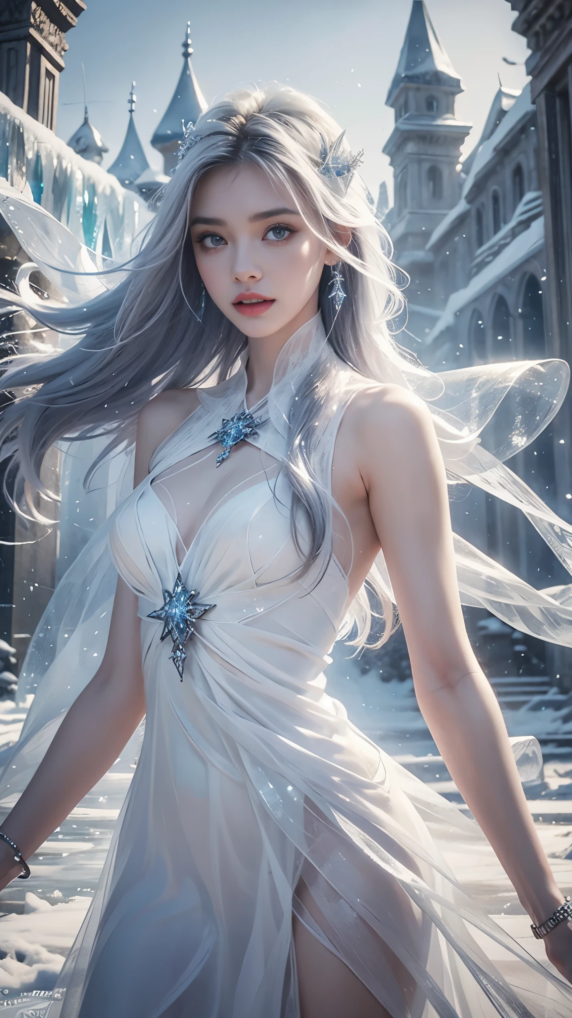 a beautiful ice goddess, good face, happy face, very long hair, realistic eyes, small breasts, ice magician, ice elemental, intricate design and details, chilling mist, cold, blizzard storm, conjuring ice spell, casting ice spell, detailed dress, (white dress:1.5), realistic ice effect, ((ice:1.5)), snow particles, dark fantasy art style, ruined city, dramatic lighting, cinematic,