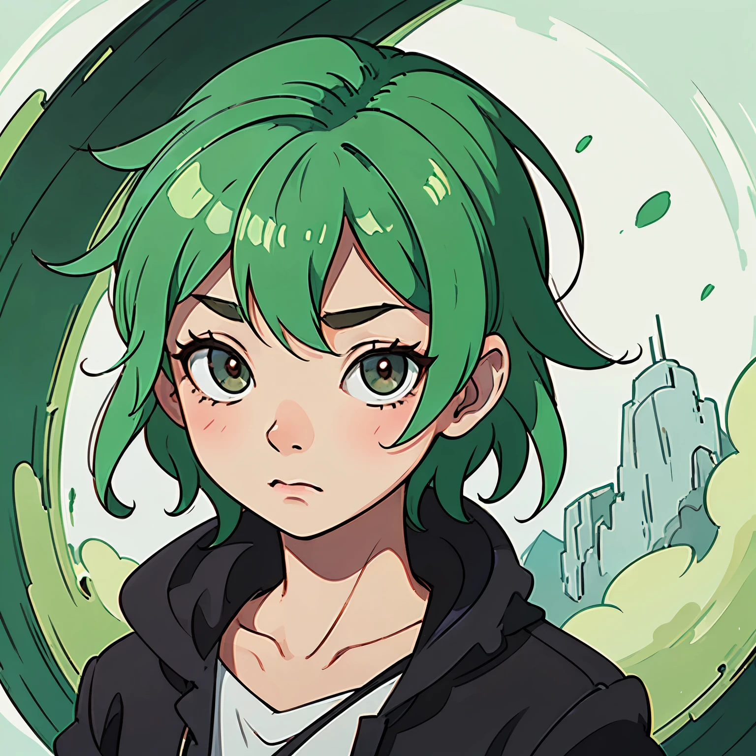 a young boy with green hair staring closely into the camera, face tired, eye bags