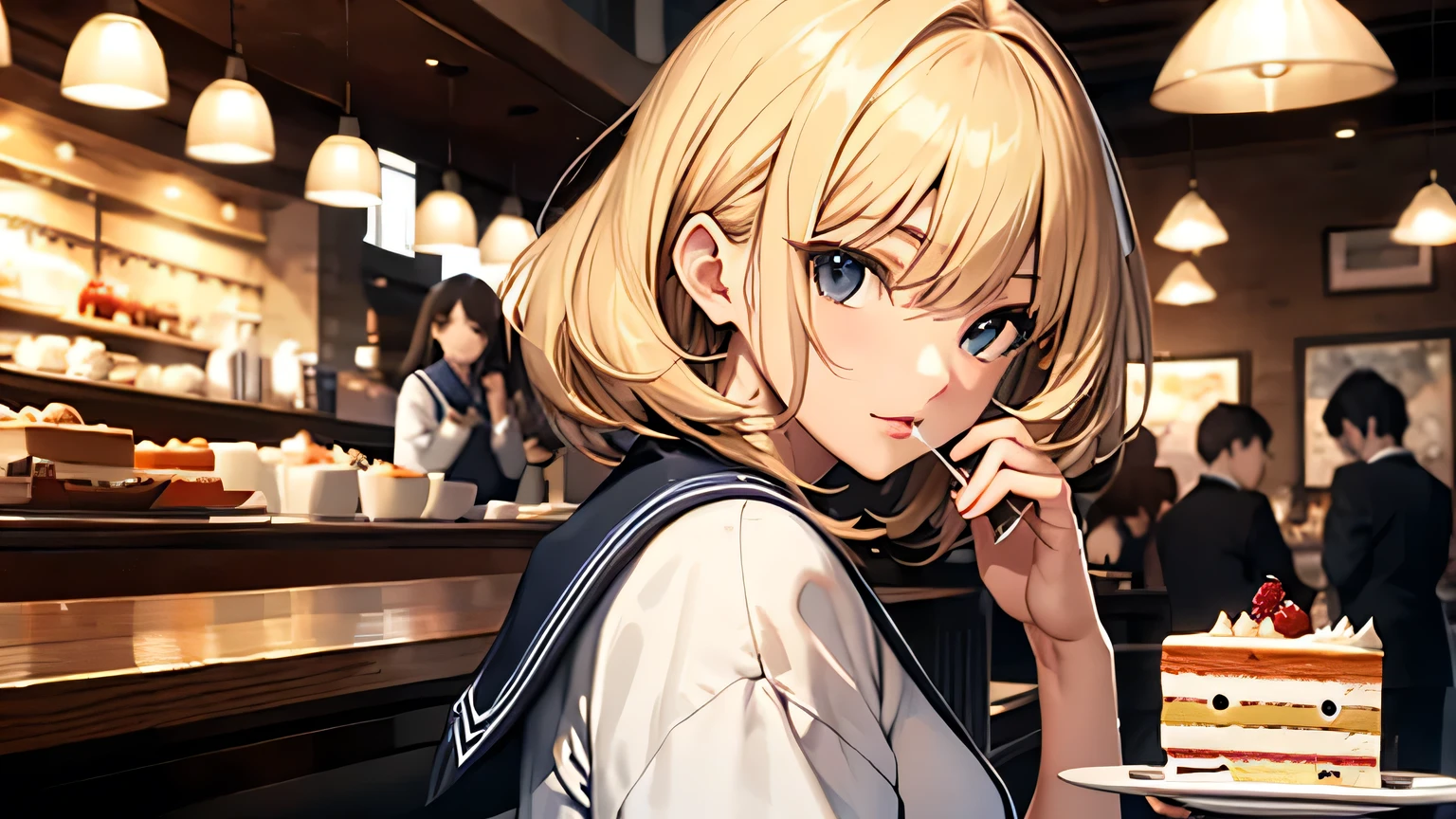 ((highest quality)), ((masterpiece)), (detailed), 8K,Perfect Face、Cafe、Eat cake、blonde、Smooth Hair、Sailor suit、Angle from the side、
