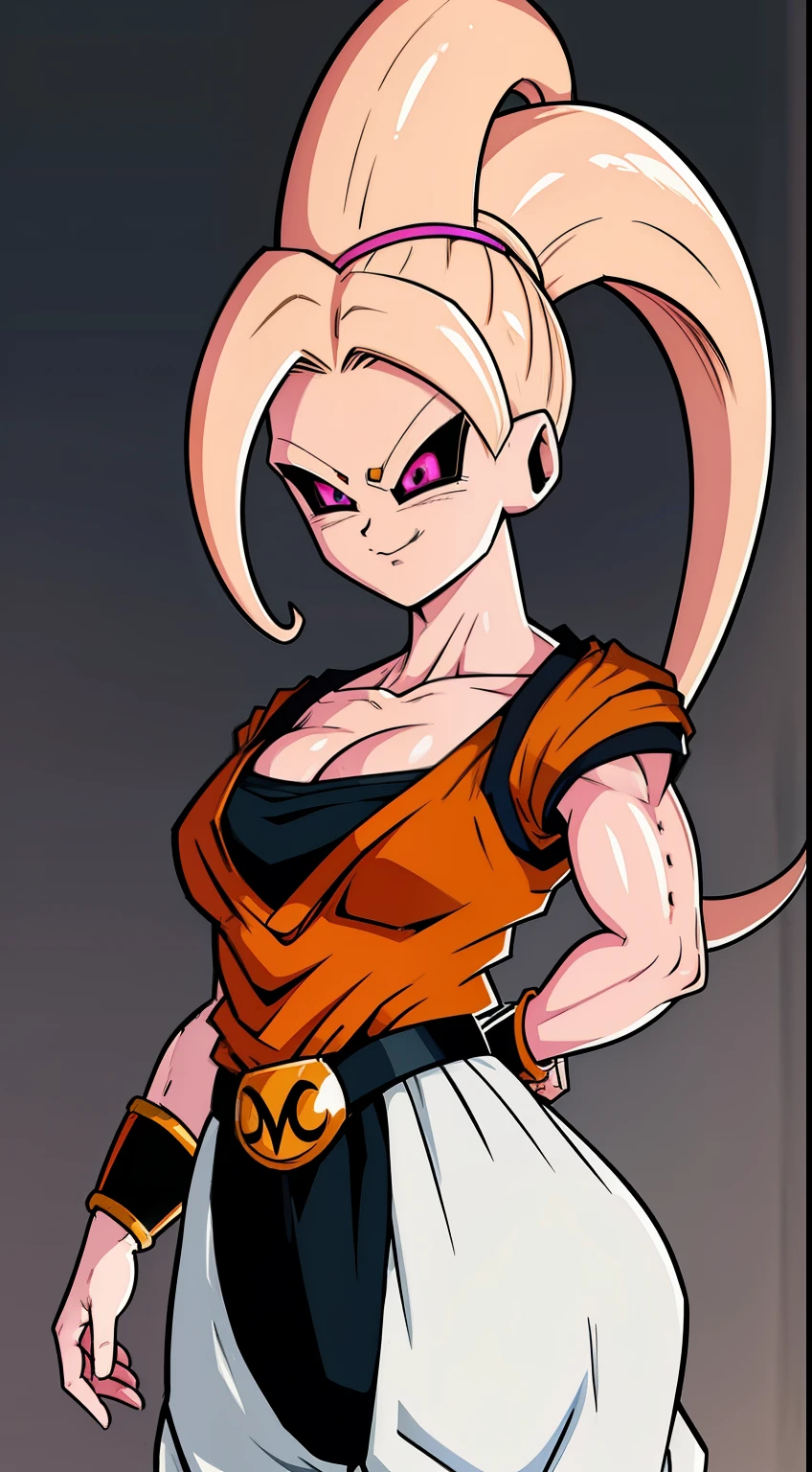 (high-quality, breathtaking),(expressive eyes, perfect face) Symmetrical Eyes, portrait, dragon ball z xenoverse 2, 1girl, female, alien, Majin Race, FMajin, Female Majin Buu, (pink skin:1.1), bubblegum pink skin color, red colored skin, smiling,(black sclera:1.2), red eyes, tentacle hair, black baggypants, belt, alien, M, shoulder holes, standing, no nose, grey background, long length hair, wavy hair, hair between eyes, shortsleeved, DBZ TurtleSchoolUniform, orange douji