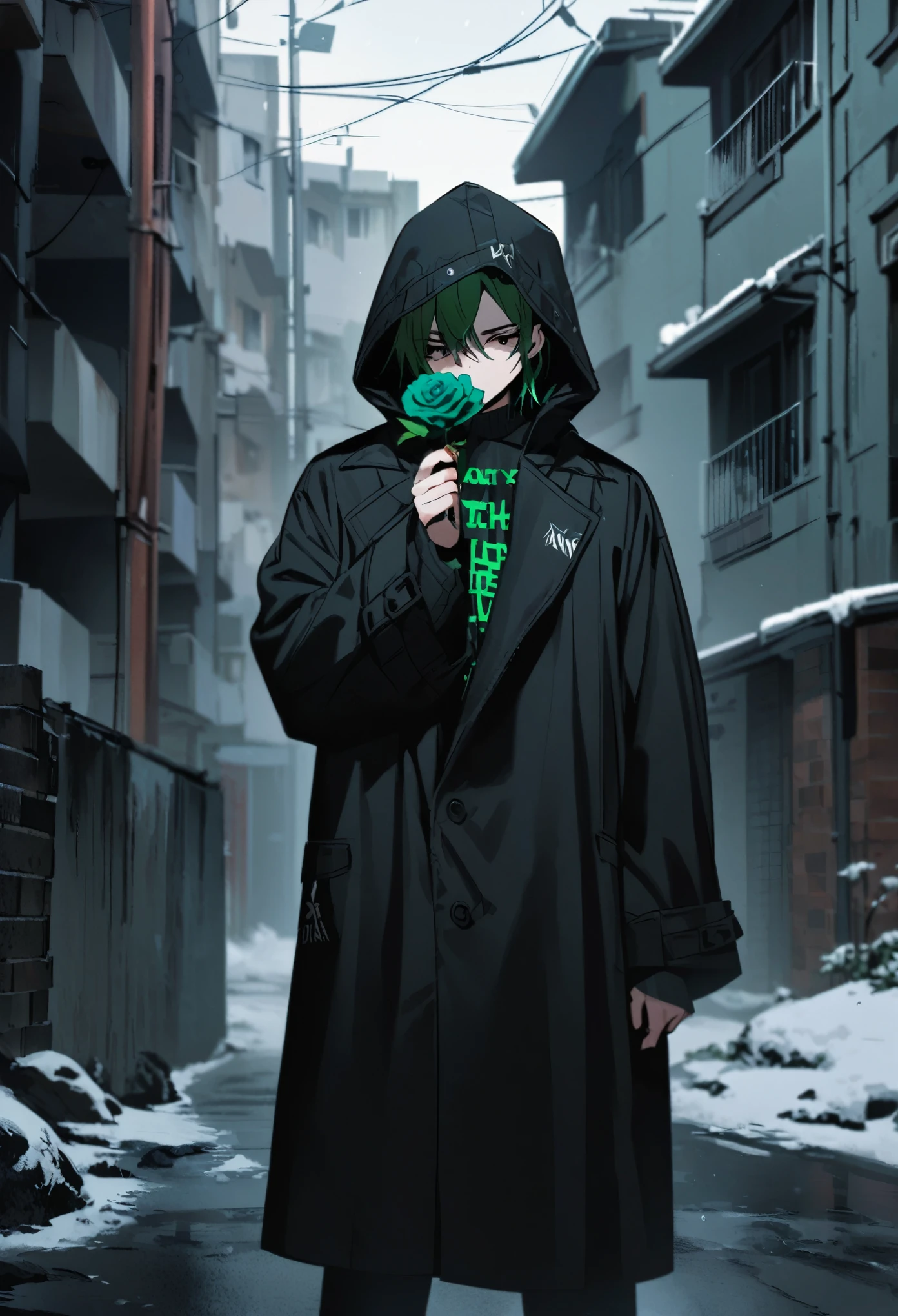 a young boy with green hair in a black coat with death metal lettering standing in the snowy neighbourhood looking at the block of flats with a rose in his hand
