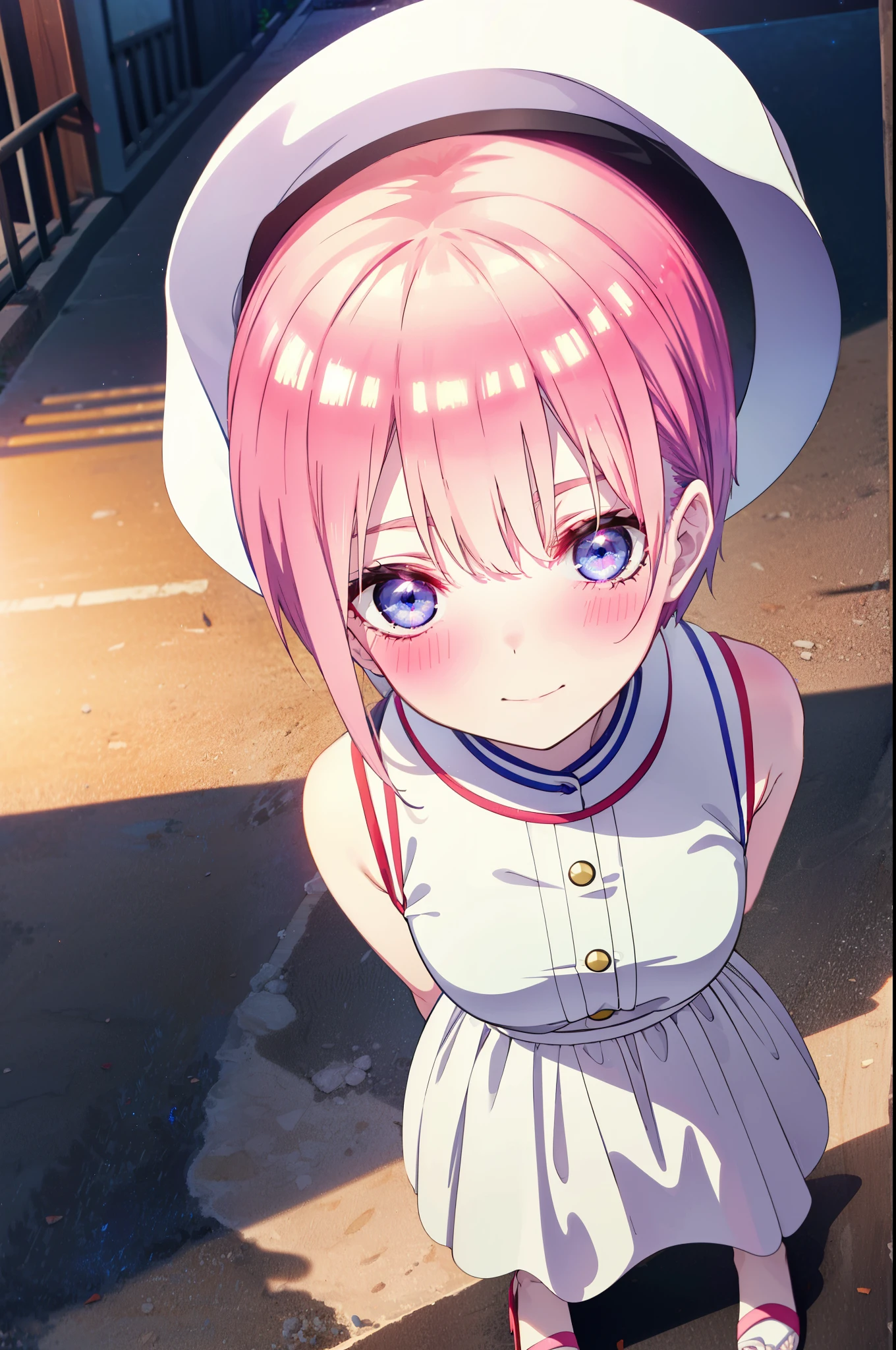 ichikanakano, ichika nakano, short hair, bangs, blue eyes, Hair between the eyes, Pink Hair, Big white hat,smile,Sleeveless white dress,Bare arms,White long skirt,Cute heeled sandals,whole bodyがイラストに入るように,Looking down from above,walk,moonlight,night,ロマンチックなnight景,Starry Sky,shooting star,Looking down from above,
break outdoors, hill,
break looking at viewer, whole body,
break (masterpiece:1.2), highest quality, High resolution, unity 8k wallpaper, (shape:0.8), (Beautiful details:1.6), Highly detailed face, Perfect lighting, Highly detailed CG, (Perfect hands, Perfect Anatomy),