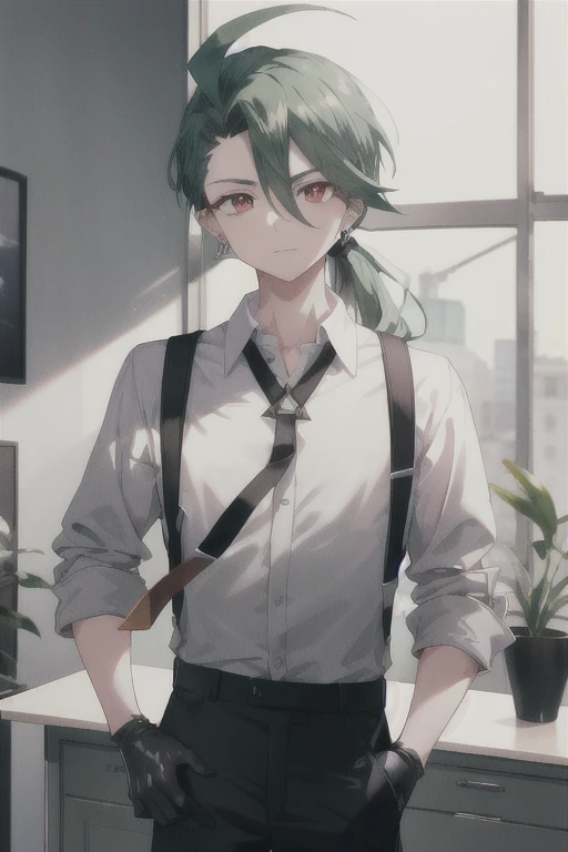 Absurd, highest quality, One girl, alone, Eye focus, View Viewer,  Rica, Ahoge, ponytail, Bright Eyes, White Eyes, Grey collared shirt, tie, suspenders, Black trousers, gloves, Earrings, Green Hair, Red eyes, Bright Eyes, clavicle