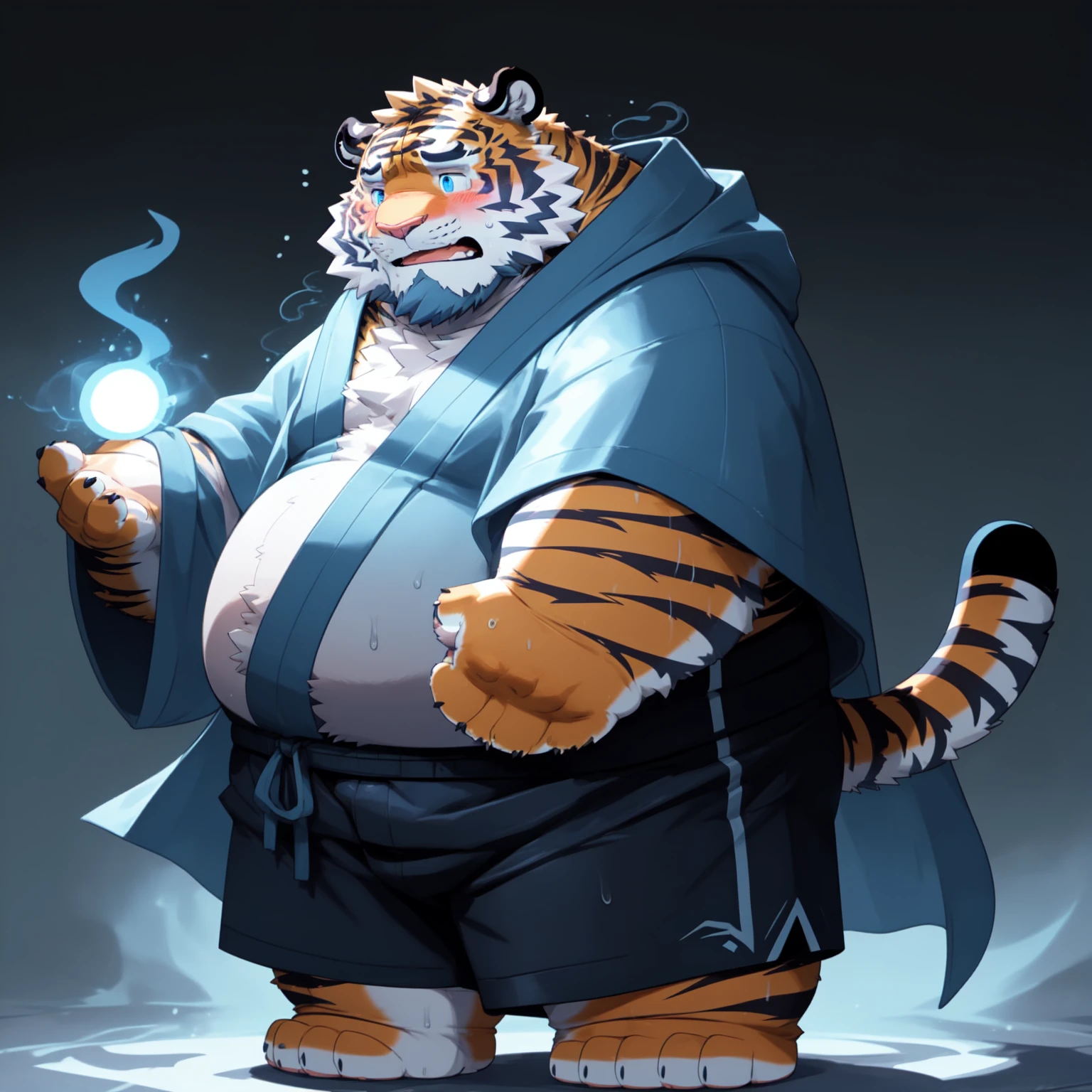 New Jersey 5 Furry,Tiger,Solitary,Chubby,Fat,Thick arms,Rugged muscles,shorts,orange Plush fur,Chubby Face,Black eyebrows,Sky blue eyes,Beard, blush，Sweating，Wearing a robe, A long blue cape draped over his shoulders,magic,wizard