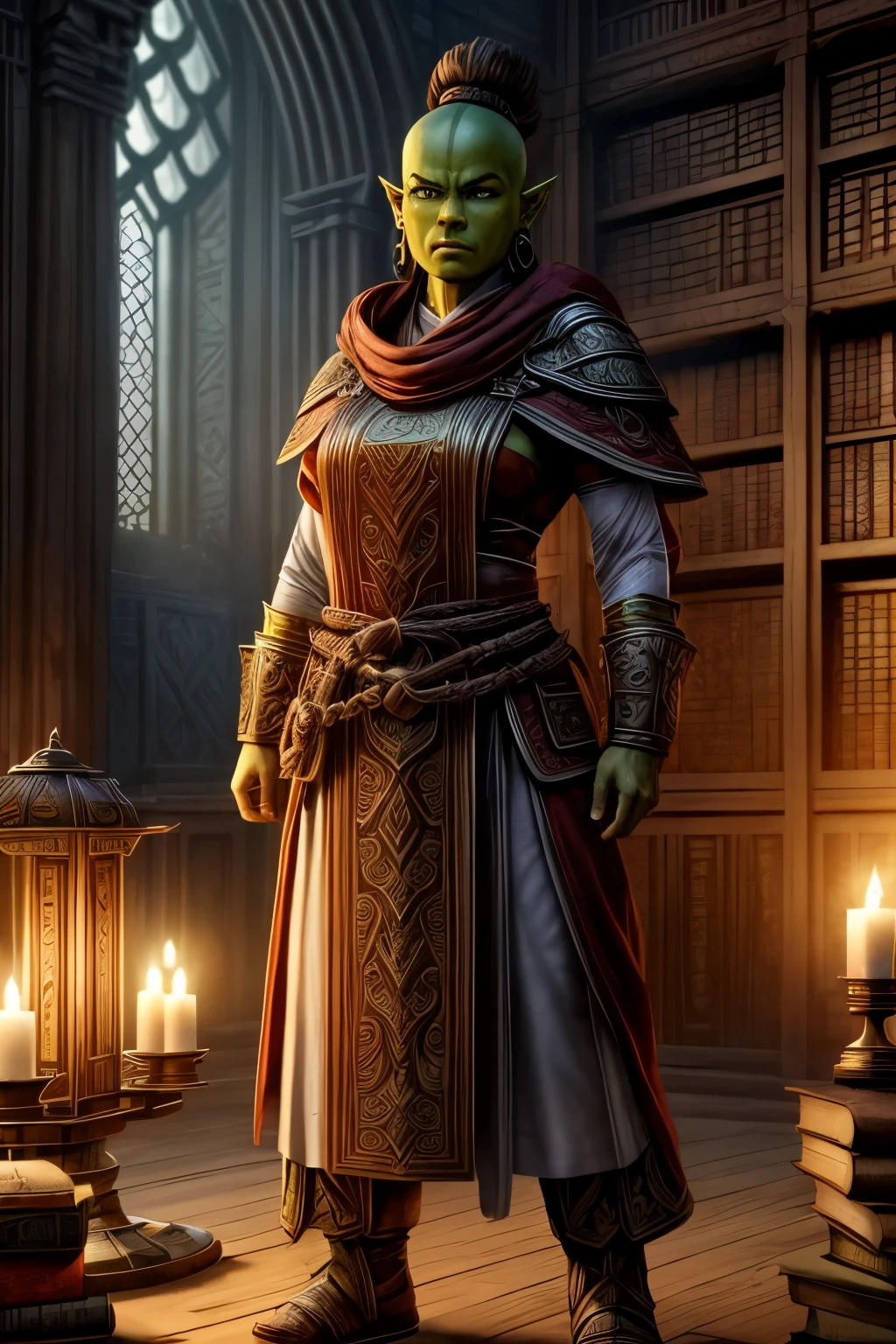 Female green orc monk, standing 6 feet 2 inches tall, piercing brown eyes, muscular and disciplined physique, monastic robes or traditional monk attire, librarian sage, surrounded by ancient texts and manuscripts, grand library background, intense focus and wisdom, brown skin, paranoid expression, protective of secrets, searching for the Lost Codex of Arannis, beautiful yet formidable, historical tomes and scrolls, intricate symbols and arcane illustrations in the background