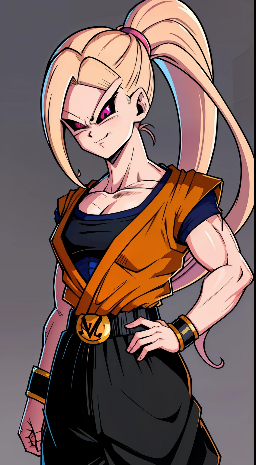 (high-quality, breathtaking),(expressive eyes, perfect face) Symmetrical Eyes, portrait, dragon ball z xenoverse 2, 1girl, female, alien, Majin Race, FMajin, Female Majin Buu, (pink skin:1.1), bubblegum pink skin color, red colored skin, smiling,(black sclera:1.2), red eyes, tentacle hair, black baggypants, belt, alien, M, shoulder holes, standing, no nose, grey background, long length hair, wavy hair, hair between eyes, shortsleeved, DBZ TurtleSchoolUniform, orange douji, Android21
