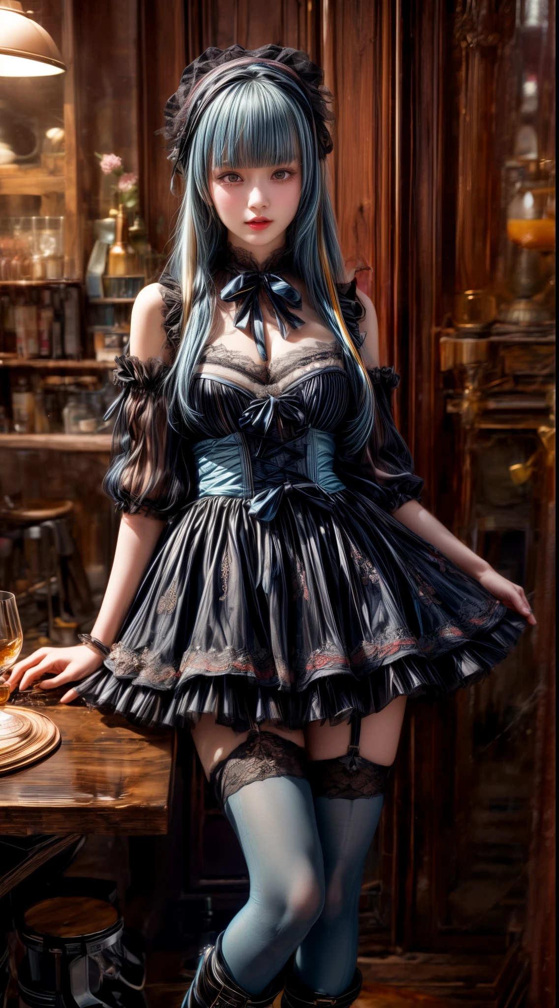 Light blue hair、Black Hair、((Two-tone hair))、Black ta dress with delicate light blue decoration、Slender women、Cute Woman、 8K Ultra HD,Detailed face、Delicate texture, Long Hair、(((Blunt bangs)))、(((Drill Hair)))、Tutu skirt、Thigh-length tights、short boots、((Sweet Loli、mini skirt、A room in a Western-style building、((Delicate photo))，(Girl Astepeace RAW Photo Details:1.25), (highest quality:1.6), (超A high resolution:1.5), (Realistic:1.75), 8K resolution, Canon EOS R5, 50mm, Absurd, Super detailed,Cinema Lighting、((Lollipop and whiskey glass))