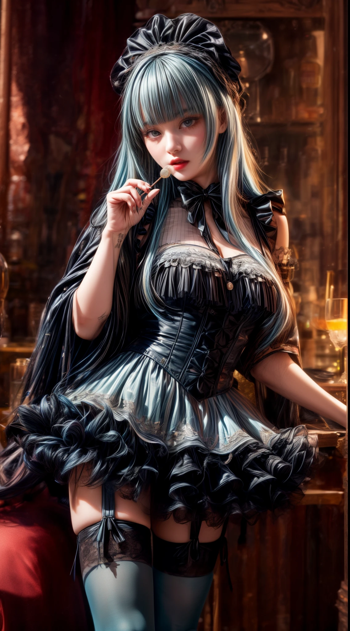Light blue hair、Black Hair、((Two-tone hair))、Black ta dress with delicate light blue decoration、Slender women、Cute Woman、 8K Ultra HD,Detailed face、Delicate texture, Long Hair、(((Blunt bangs)))、(((Drill Hair)))、Tutu skirt、Thigh-length tights、short boots、((Sweet Loli、mini skirt、A room in a Western-style building、((Delicate photo)),(Girl Astepeace RAW Photo Details:1.25), (highest quality:1.6), (超A high resolution:1.5), (Realistic:1.75), 8K resolution, Canon EOS R5, 50mm, Absurd, Super detailed,Cinema Lighting、((Lollipop and whiskey glass))