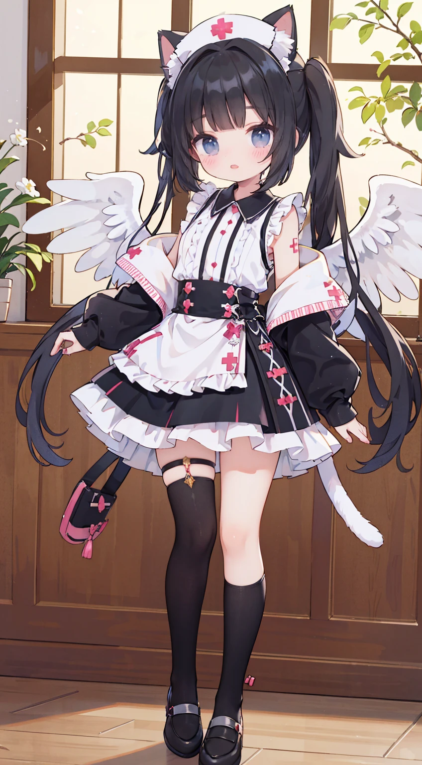 masterpiece,best quality,Official Art,Extremely detailed CG unity 8k wallpaper, beautiful girl, Kawaii,with her cat ears up, anime girl ,standing,indoor,Wearing white stockings,mini skirt,sleeveless tops,With very little angel wings,energetic and cute,black hair,long hair,nurse tiara,needle,There are little wings on the shoes