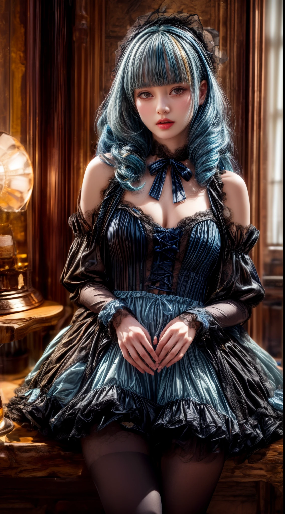 Mature Woman、Light blue hair、((Light grey hair))、(((Two-tone hair)))、Black ta dress with delicate light blue decoration、Slender women、Cute Woman、 8K Ultra HD,Detailed face、Delicate texture, Long Hair、(((Blunt bangs)))、(((Drill Hair)))、Tutu skirt、thigh length tights、short boots、((Oriental Loli、mini skirt、A room in a Western-style building、((Delicate photo)),(Girl Astepeace RAW Photo Details:1.25), (highest quality:1.6), (超A high resolution:1.5), (Realistic:1.75), 8K resolution, Canon EOS R5, 50mm, Absurd, Very detailed,Cinema Lighting、((stuffed toy:1.3))、Browsing Caution:1.5