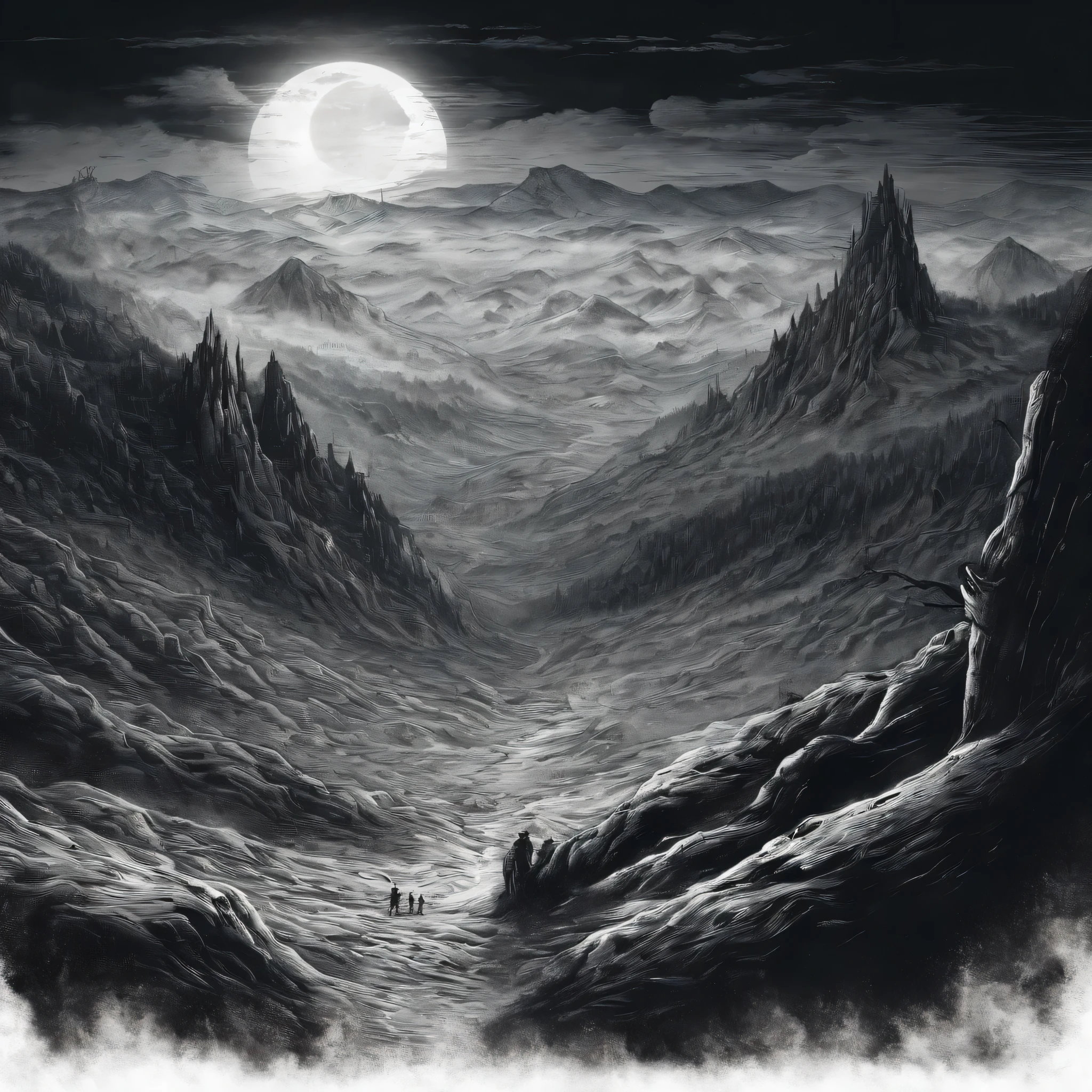 Deep dark valley with evil monsters lurking below, the morning sun only reaching the top of the surrounding mountains