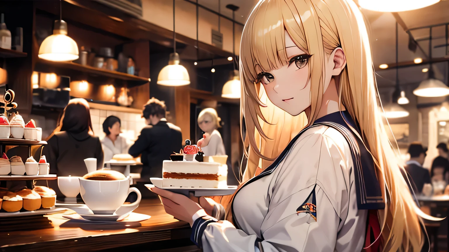 ((highest quality)), ((masterpiece)), (detailed), 8K,Perfect Face、Cafe、Eat cake、blonde、Smooth Hair、Sailor suit、Angle from the side、