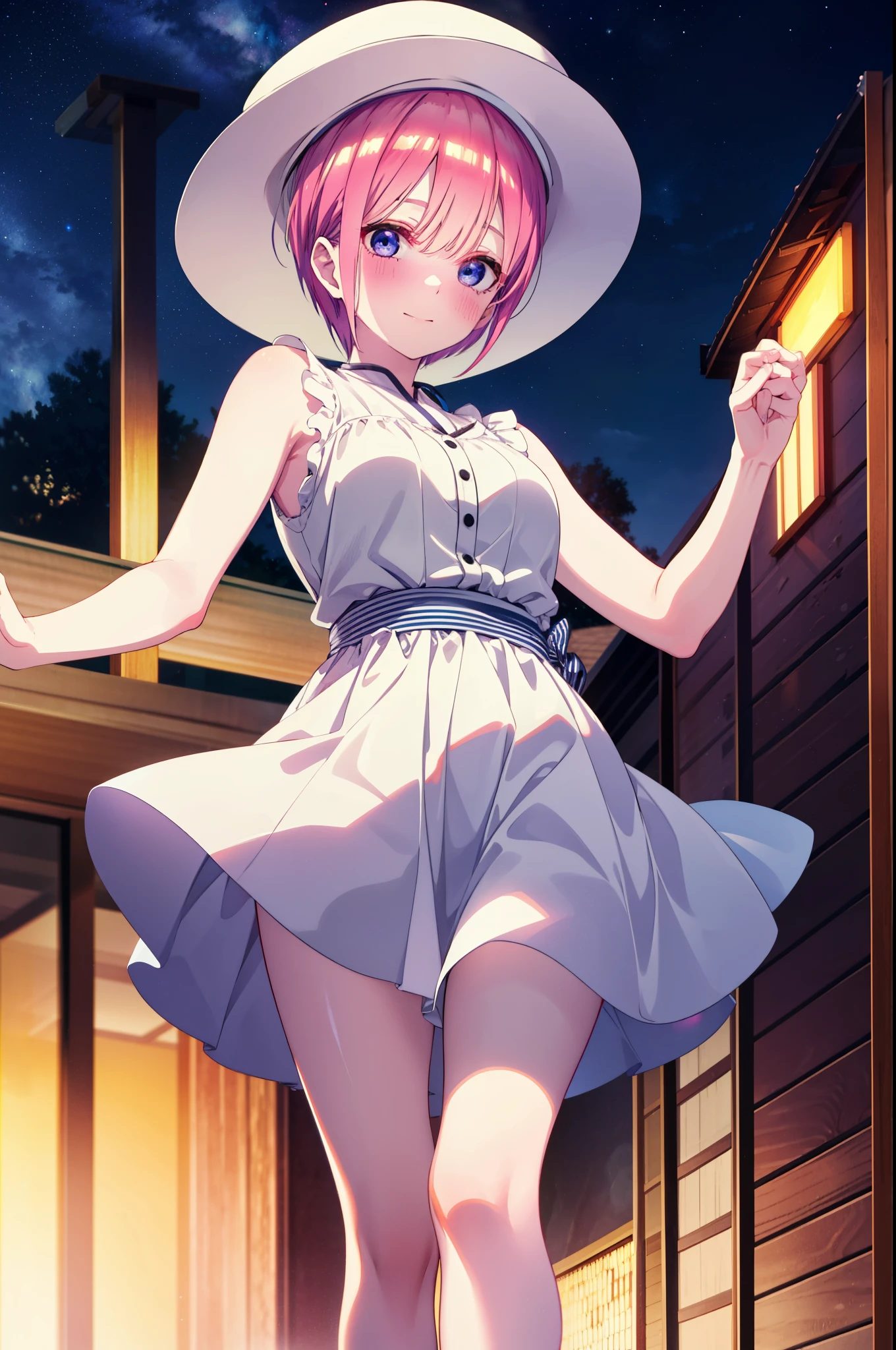 ichikanakano, ichika nakano, short hair, bangs, blue eyes, Hair between the eyes, Pink Hair, Big white hat,smile,Sleeveless white dress,Bare arms,White long skirt,Cute heeled sandals,whole bodyがイラストに入るように,Looking down from above,walk,moonlight,night,ロマンチックなnight景,Starry Sky,shooting star,下から見上げる
break outdoors, top of the hill,
break looking at viewer, whole body,
break (masterpiece:1.2), highest quality, High resolution, unity 8k wallpaper, (shape:0.8), (Beautiful details:1.6), Highly detailed face, Perfect lighting, Highly detailed CG, (Perfect hands, Perfect Anatomy),