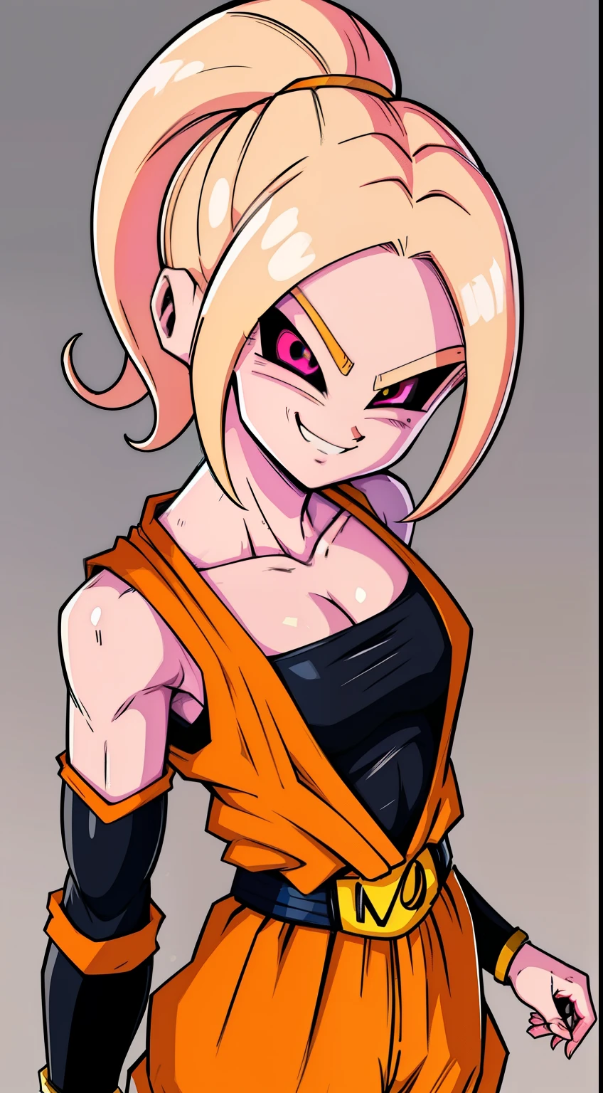 (high-quality, breathtaking),(expressive eyes, perfect face) Symmetrical Eyes, portrait, dragon ball z xenoverse 2, 1girl, female, alien, Majin Race, FMajin, Female Majin Buu, (pink skin:1.1), bubblegum pink skin color, red colored skin, smiling,(black sclera:1.2), red eyes, tentacle hair, black baggypants, belt, alien, M, shoulder holes, standing, no nose, grey background, medium length hair, wavy hair, hair between eyes, shortsleeved, DBZ TurtleSchoolUniform, orange douji, cute face, positive expression, cute smile, happy
