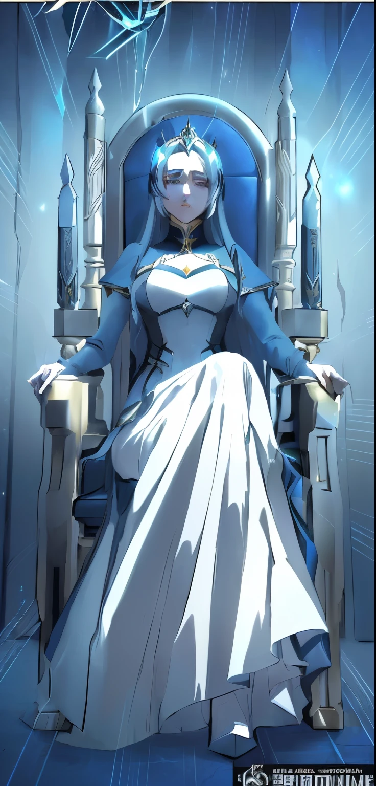 a cartoon picture of a woman sitting on a throne with a sword, albedo from the anime overlord, anime style like fate/stay night, rei hino as a princess, from overlord, artoria pendragon, female anime character, ((a beautiful fantasy empress)), simple futurist cyborg empress, sitting on her throne, the godess hera looking angry