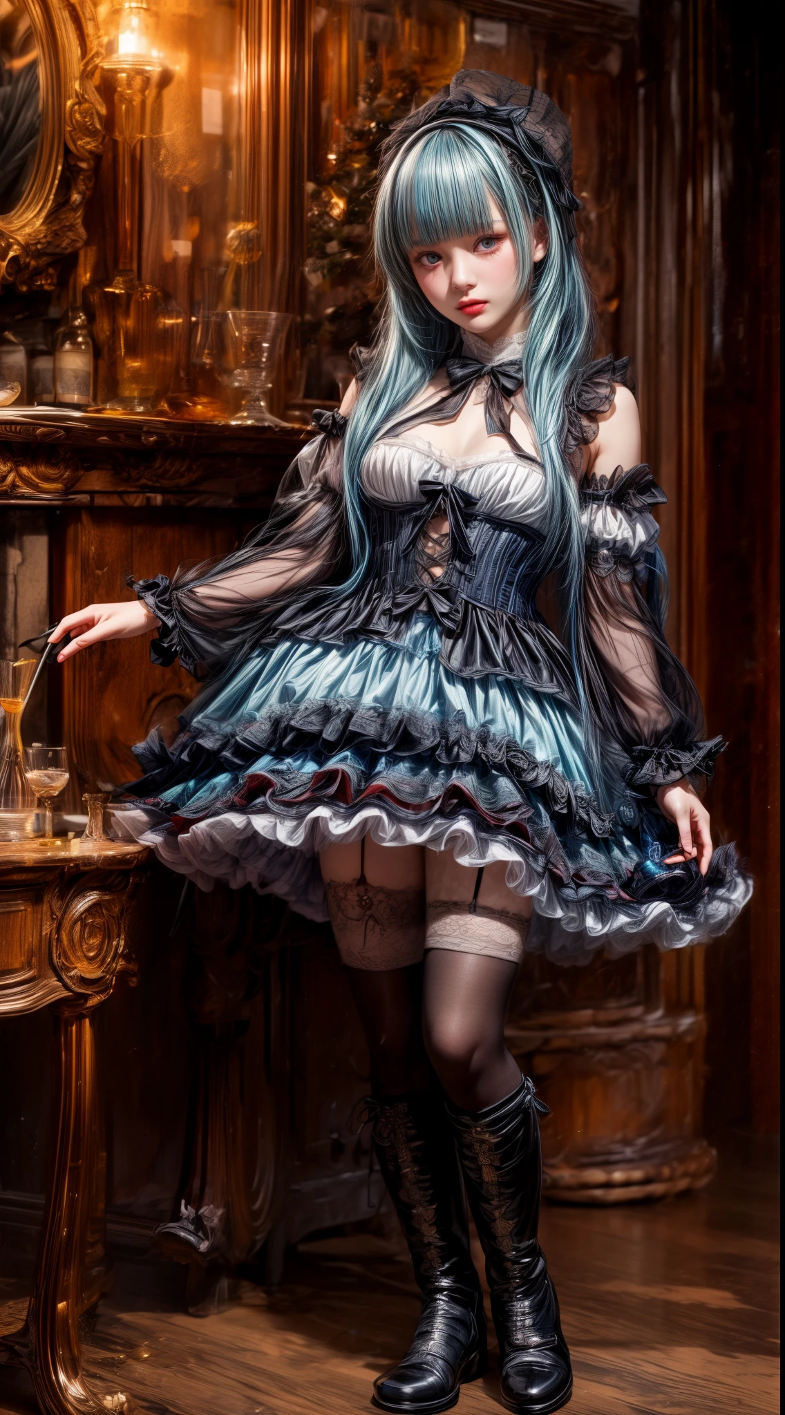 Light blue hair、Black Hair、((Two-tone hair))、Black Lolita dress with delicate light blue decoration、Slender women、Cute Woman、 8K Ultra HD,Detailed face、Delicate texture, Long Hair、(((Blunt bangs)))、(((Drill Hair)))、Tutu skirt、Thigh-length tights、short boots、((Sweet Lolita))、mini skirt、A room in a Western-style building、((Delicate photo))，(Girl Astepeace RAW Photo Details:1.25), (highest quality:1.6), (超A high resolution:1.5), (Realistic:1.75), 8K resolution, Canon EOS R5, 50mm, Absurd, Super detailed,Cinema Lighting、((Lollipop and whiskey glass))