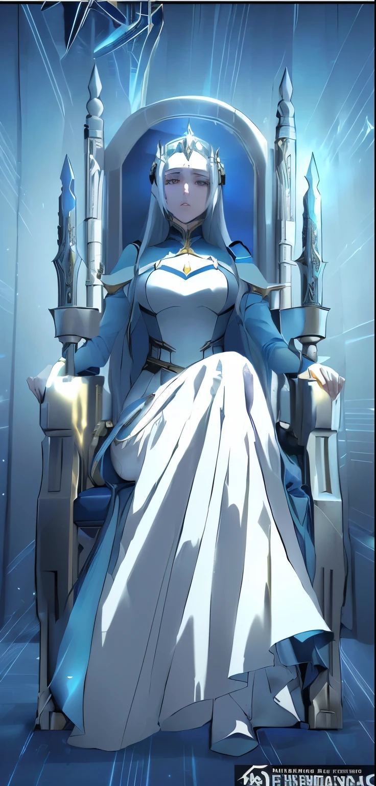 a cartoon picture of a woman sitting on a throne with a sword, albedo from the anime overlord, anime style like fate/stay night, rei hino as a princess, from overlord, artoria pendragon, female anime character, ((a beautiful fantasy empress)), simple futurist cyborg empress, sitting on her throne, the godess hera looking angry