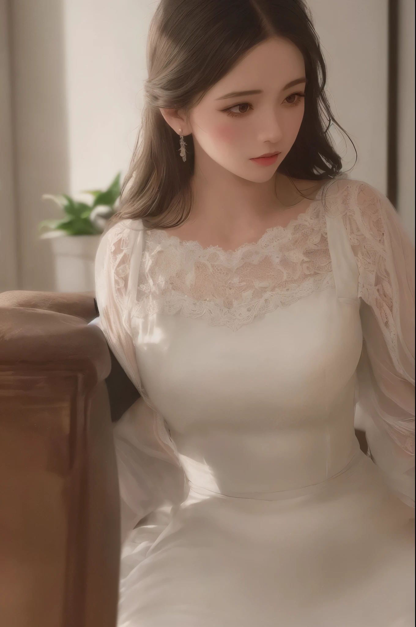 A maid in a white long dress with lace details, black bow, and black stockings, indoor, vintage style, soft lighting, delicate details,illustration,ultra-detailed,(realistic,photo-realistic:1.37),vivid colors,HDR,studio lighting
