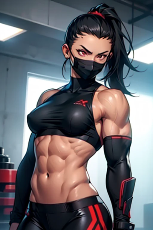 1 girl, (((muscular))), tanlines, spiky ponytail, toned body, black hair, red eyes, (mask), perky breasts, long hair, navel