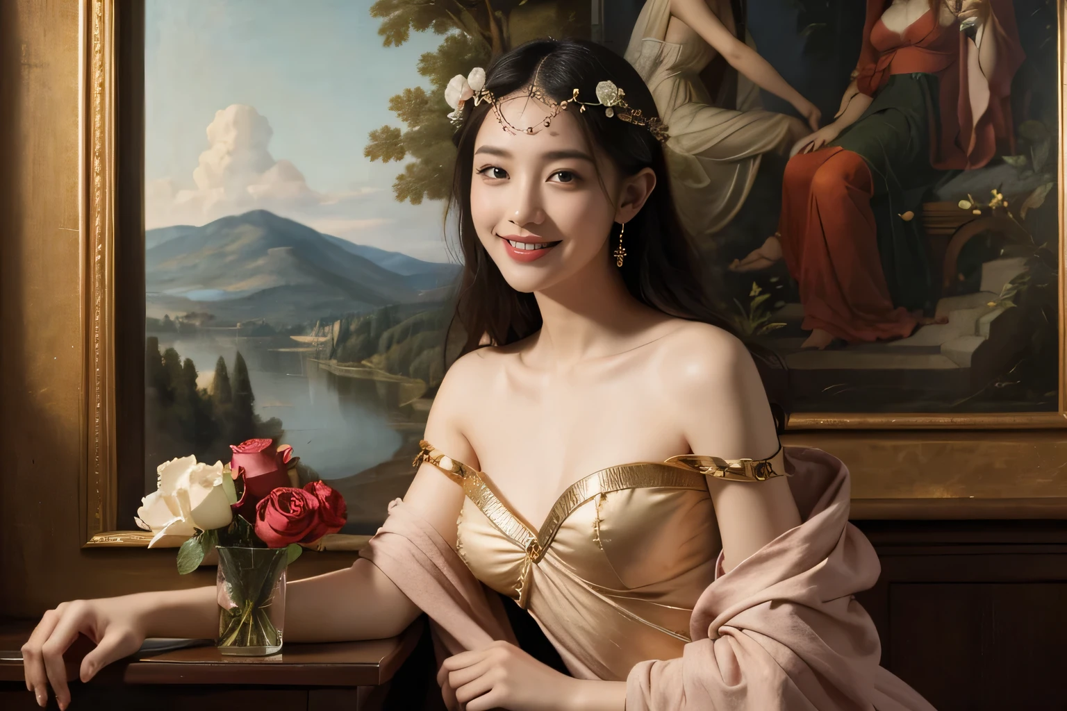 Giorgione painting style,Arguments of two female Philosophe,math、astronomical machine、astronaut、roses in vase、fruits、Cute trinkets、smile、ancient greek costume、Background is a forest lake at night 、Clothes that stretch your shoulders、A big smile、beautiful bare skin、A detailed representation of the seducing woman throughout her body.