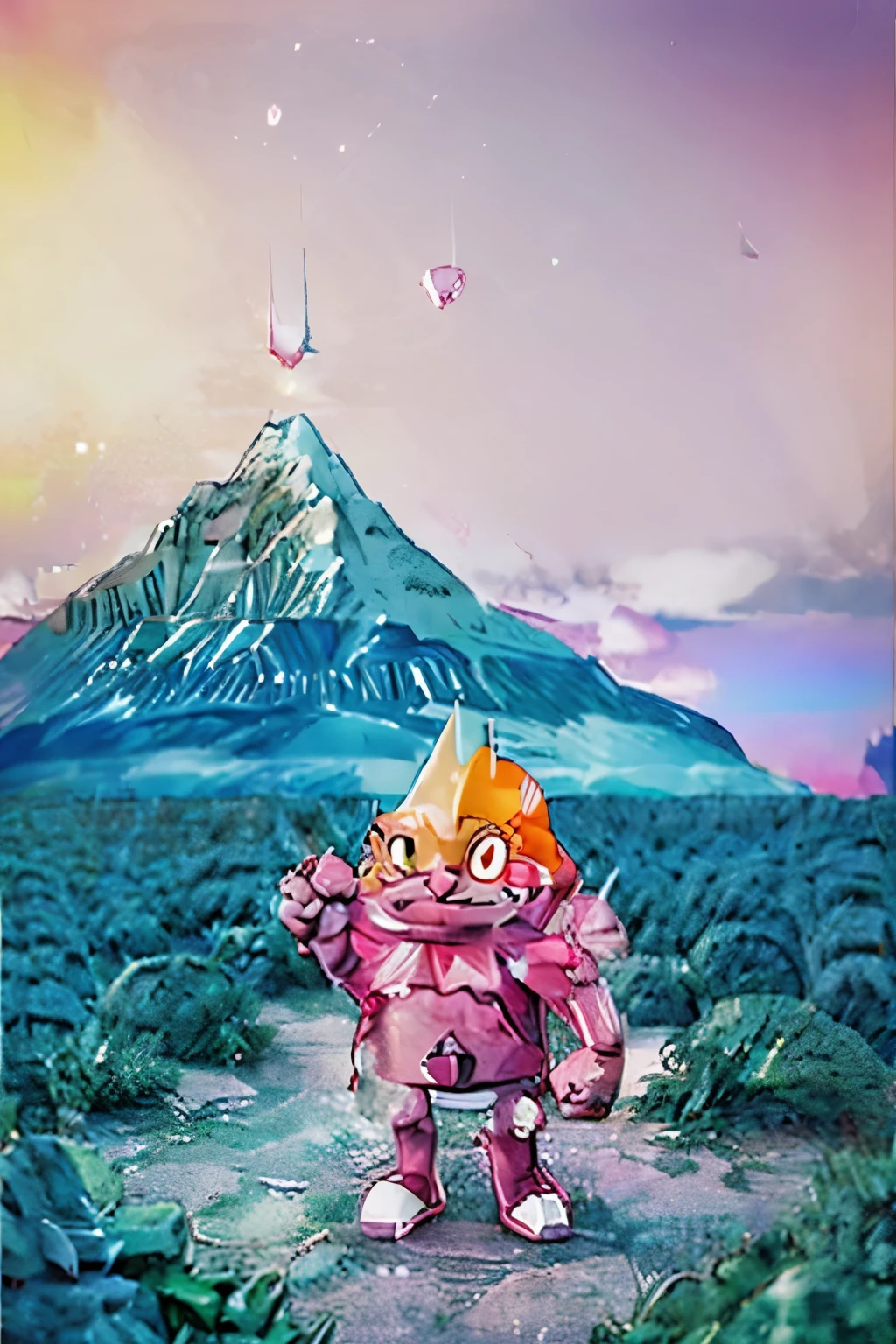 crystal monster, cartoon style, pokemon style, mountain background, pink crystals.