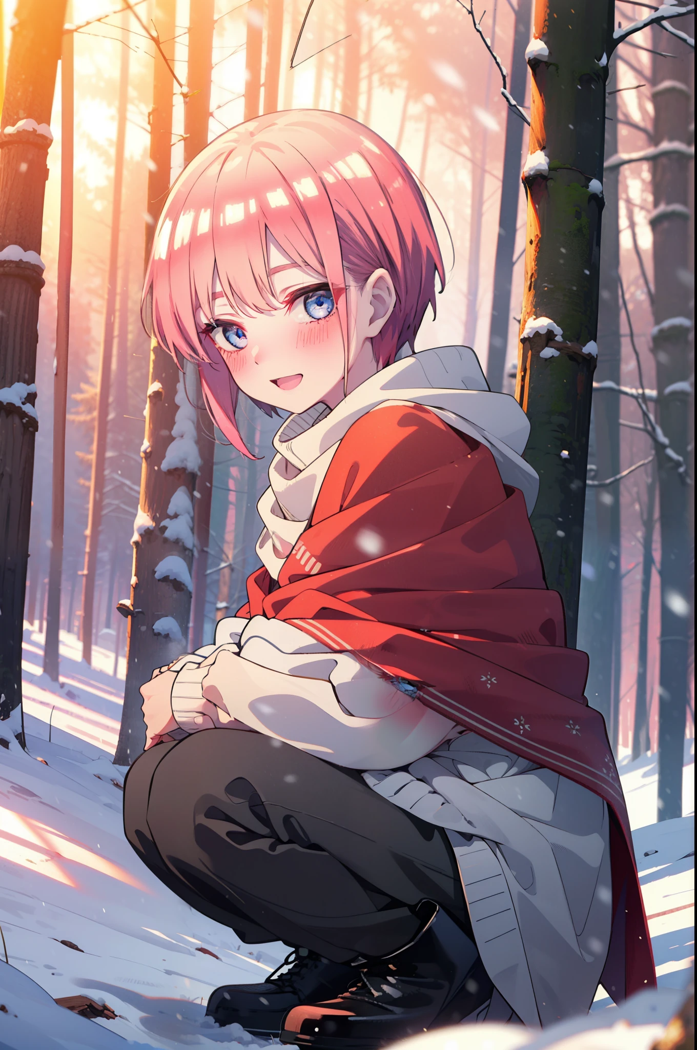 ichikanakano, ichika nakano, short hair, bangs, blue eyes, Hair between the eyes, smile,Pink Hair,smile,blush,White Breath,
Open your mouth,snow,Ground bonfire, Outdoor, boots, snowing, From the side, wood, suitcase, Cape, Blurred, Increase your meals, forest, White handbag, nature,  Squat, Mouth closed, フードed Cape, winter, Written boundary depth, Black shoes, red Cape break looking at viewer, Upper Body, whole body, break Outdoor, forest, nature, break (masterpiece:1.2), highest quality, High resolution, unity 8k wallpaper, (shape:0.8), (Beautiful and beautiful eyes:1.6), Highly detailed face, Perfect lighting, Extremely detailed CG, (Perfect hands, Perfect Anatomy),