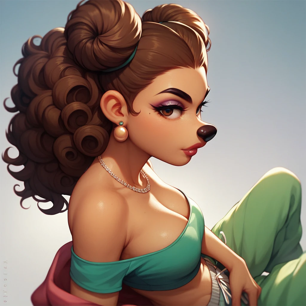 score_9, score_8_up, score_7_up, Roxanne, the goofy movie, dog, brown hair, 1girl, solo, two curly top hair knot buns with two curly hair strands on the side, strapless crop top, cleavage, baggy pants, jewellery, high-top sneakers, 1girl, solo, close up